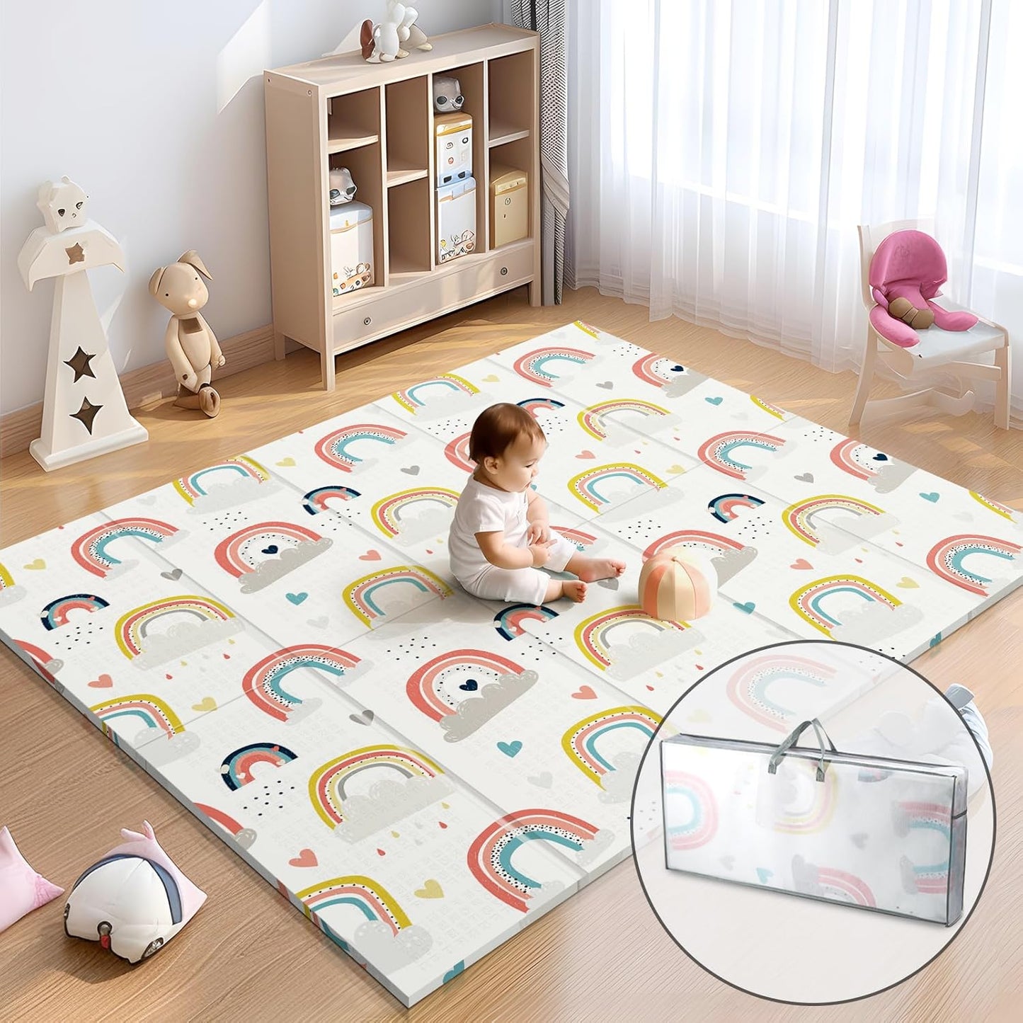 79 x 71 Baby Play Mats for Floor, Foldable Foam Play Mat for Babies 0-12 months,Thick & Waterproof Playmate for Baby, Non Toxic Baby Tummy Time Activity Playmat, Reversible Playpen Mat for Infant Toddlers