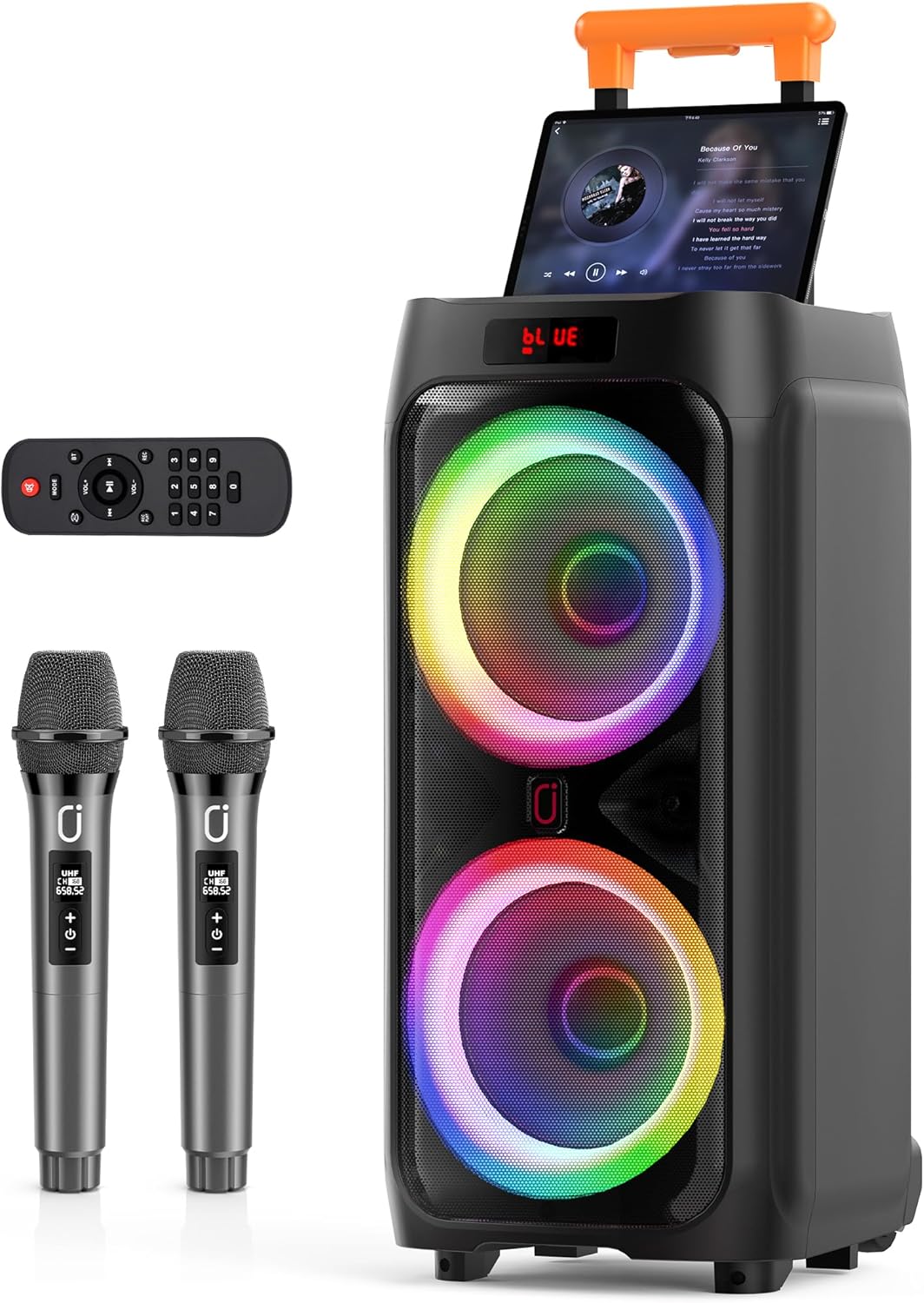 JYX Karaoke Machine with 2 Wireless Microphones for Adults, 8" Big Bluetooth Party Speaker with 500W Peak Power, PA System with LED Disco Light, Rolling Wheels and Trolley, Perfect for Outdoor Home