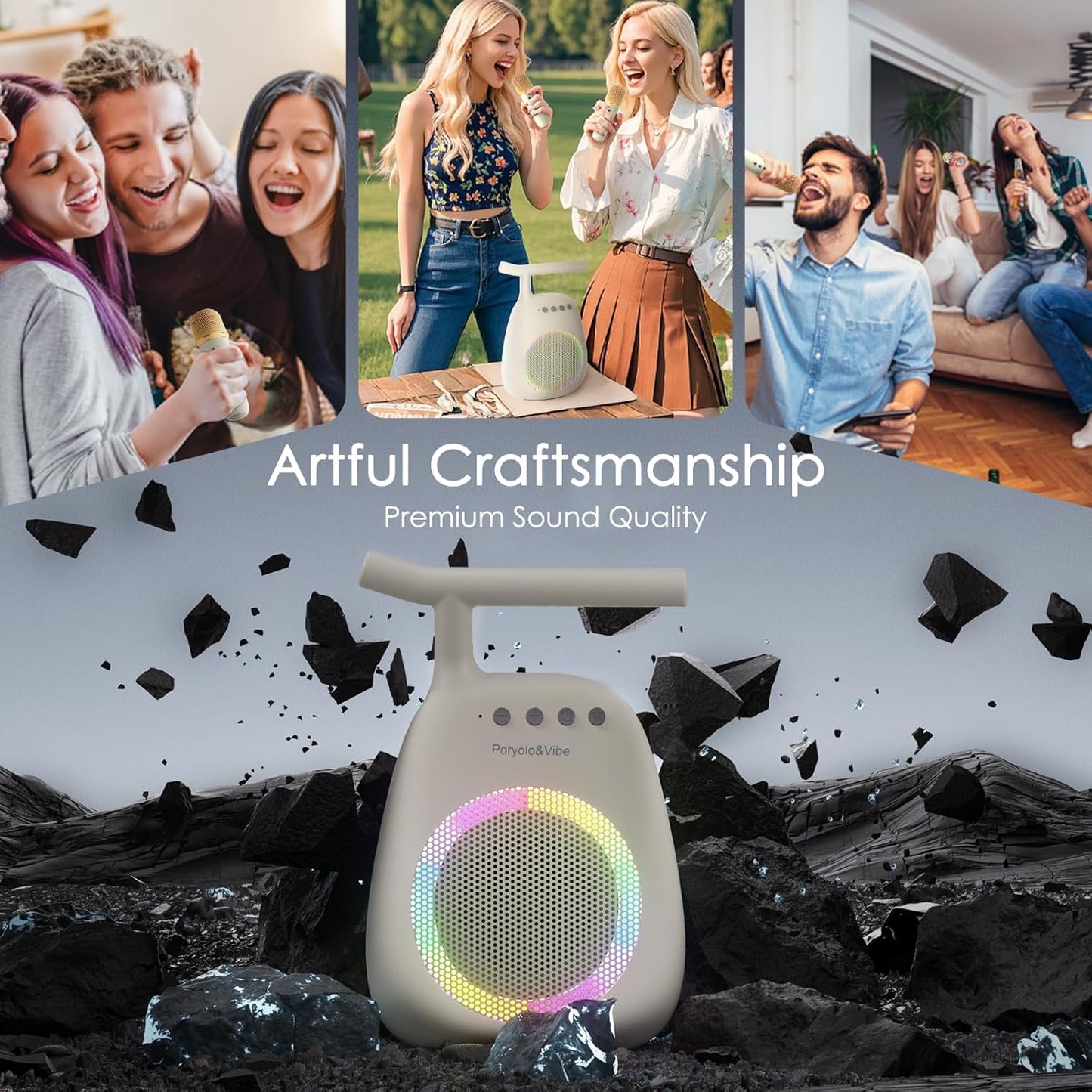 Karaoke Machine for Kids Adults Portable Bluetooth Speaker with 2 Wireless Microphones LED Lights Artistic Design 8-Hour Battery Support Family&Party Choice Fun for All Ages Gifts