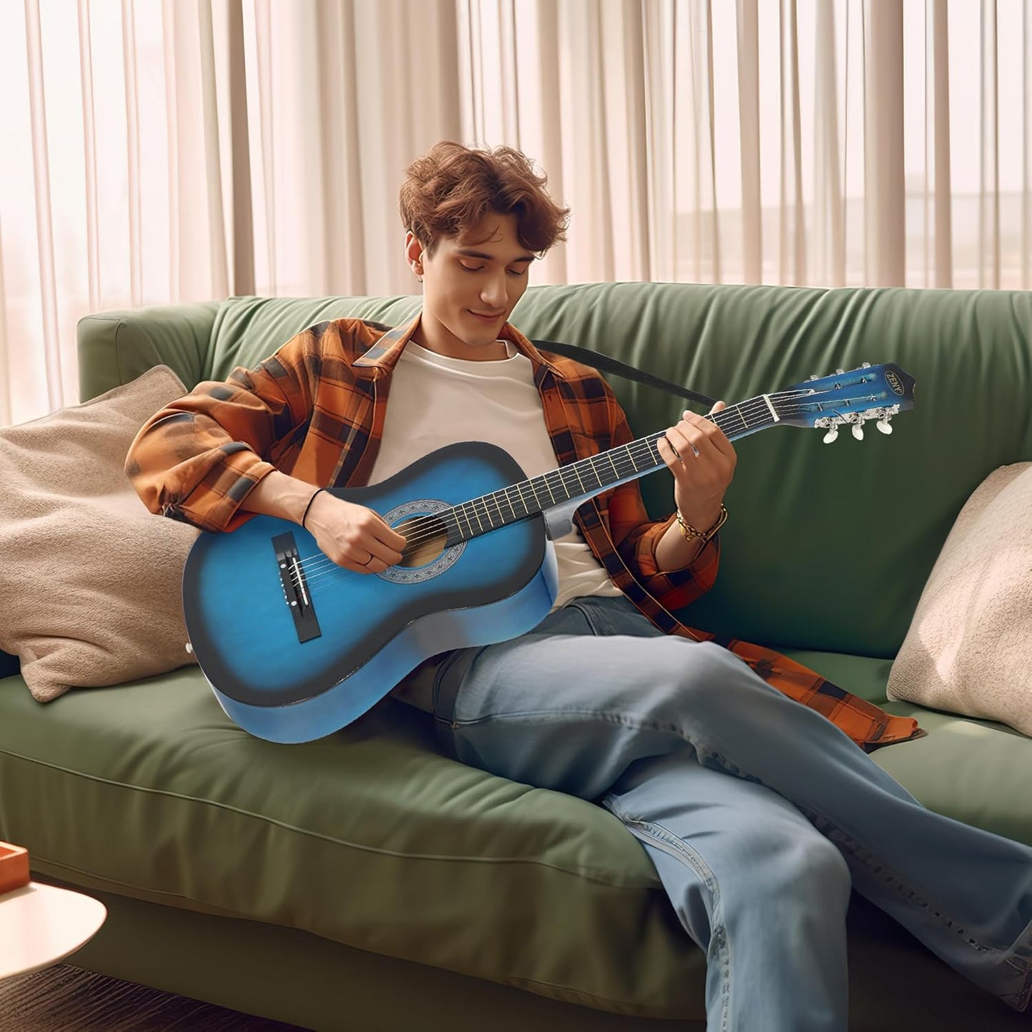 ZENY 38 inch Acoustic Guitar Full Size Beginners Package Kit for Right-handed Starters Kids Music Lovers w/Case, Strap, Pitch Pipe and Pick (Blue)