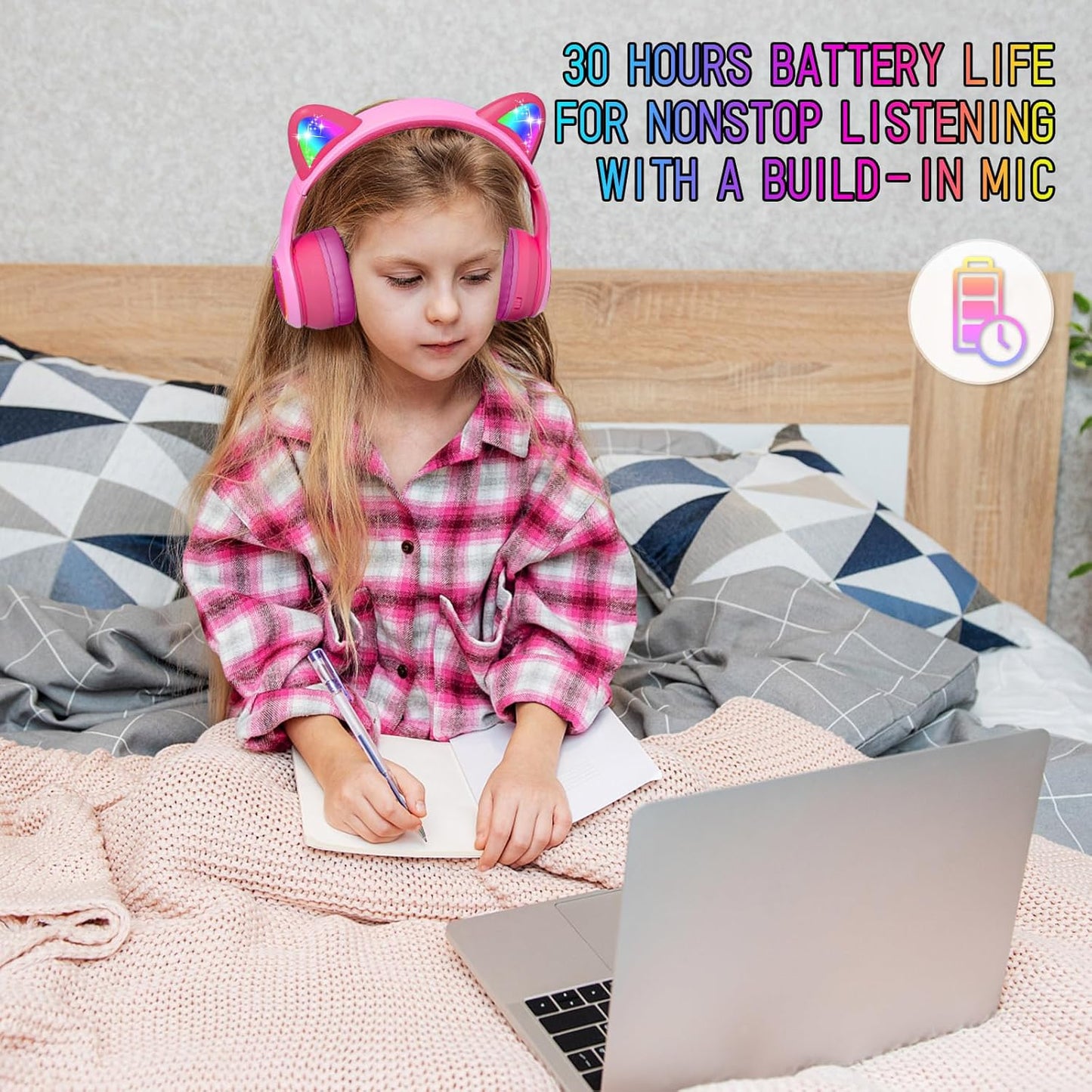 IFECCO Kids Bluetooth Headphones with Microphone,Cute Light Up Cat Ear Children Girls Wireless Headphones Volume-limiting for School Travel Gifts