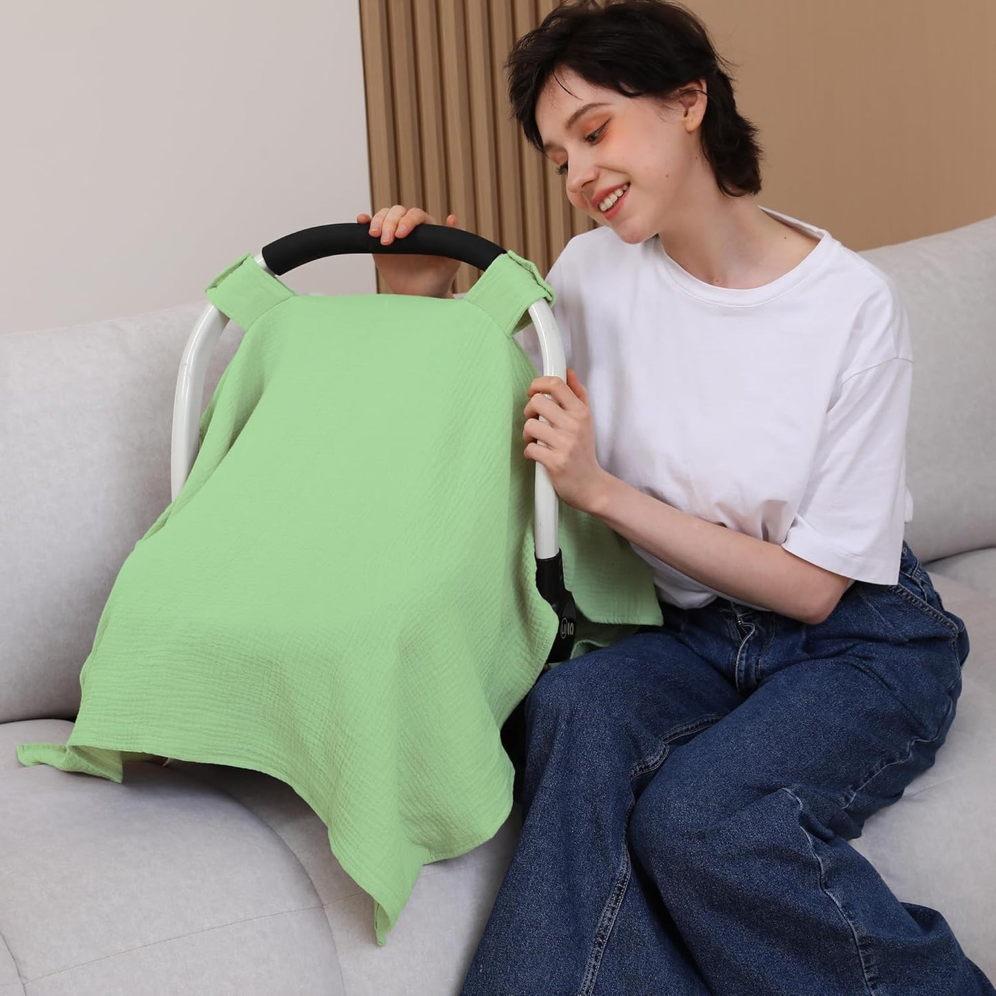 100% Muslin Cotton Car Seat Cover Baby, Carseat Canopy Cover, Universal Fit Stroller Covers for Boys and Girls (City Green)