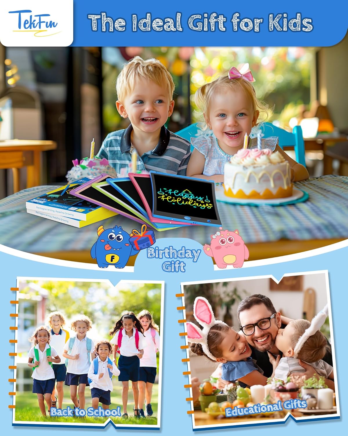 TEKFUN 10 Pack LCD Writing Tablet with Stylus, 8.5in Erasable Doodle Board Mess Free Drawing Pad for Kids, Car Trip Educational Toys Birthday Christmas Gift for 3 4 5 6 7 Girls Boys