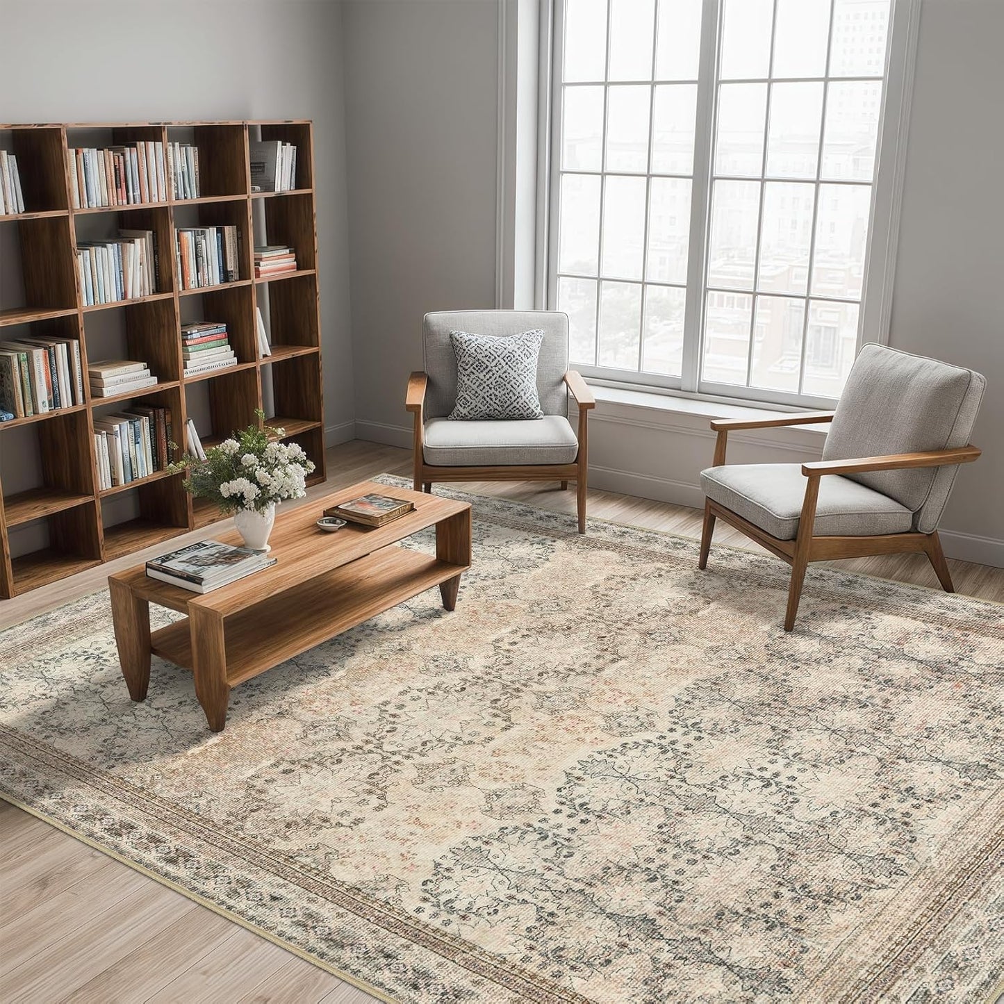 4x6 Area Rug for Bedroom Machine Washable, Non Slip Vintage Floral Kitchen Rugs for Dining Room, Rustic Indoor Floor Carpet for Nursery, Farmhouse, Office Classroom Beige/Pink/Orange