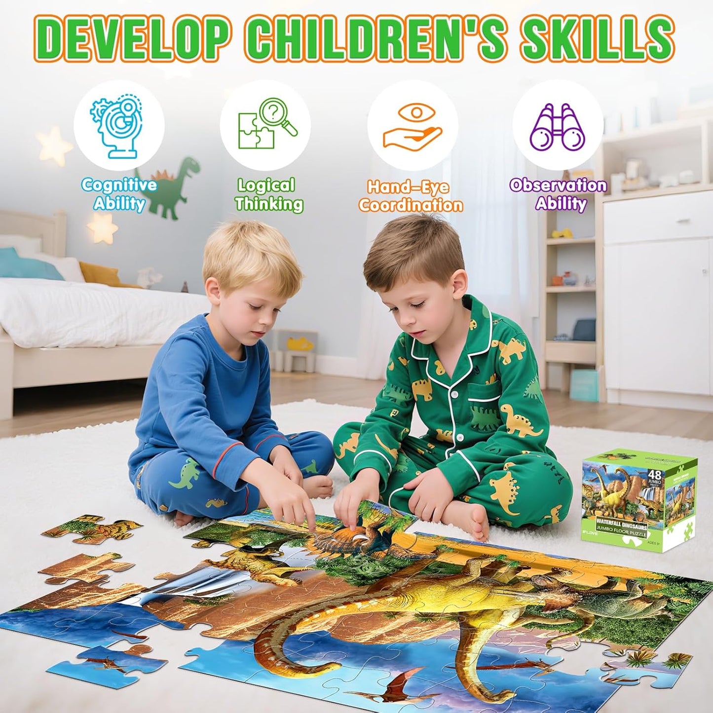 Jumbo Floor Puzzle for Kids,48 Piece Waterfall Dinosaur Large Jigsaw Puzzles, Fun Preschool Educational Toy for Toddlers Ages 3-5,Gift for Boy Girl Ages 4-8