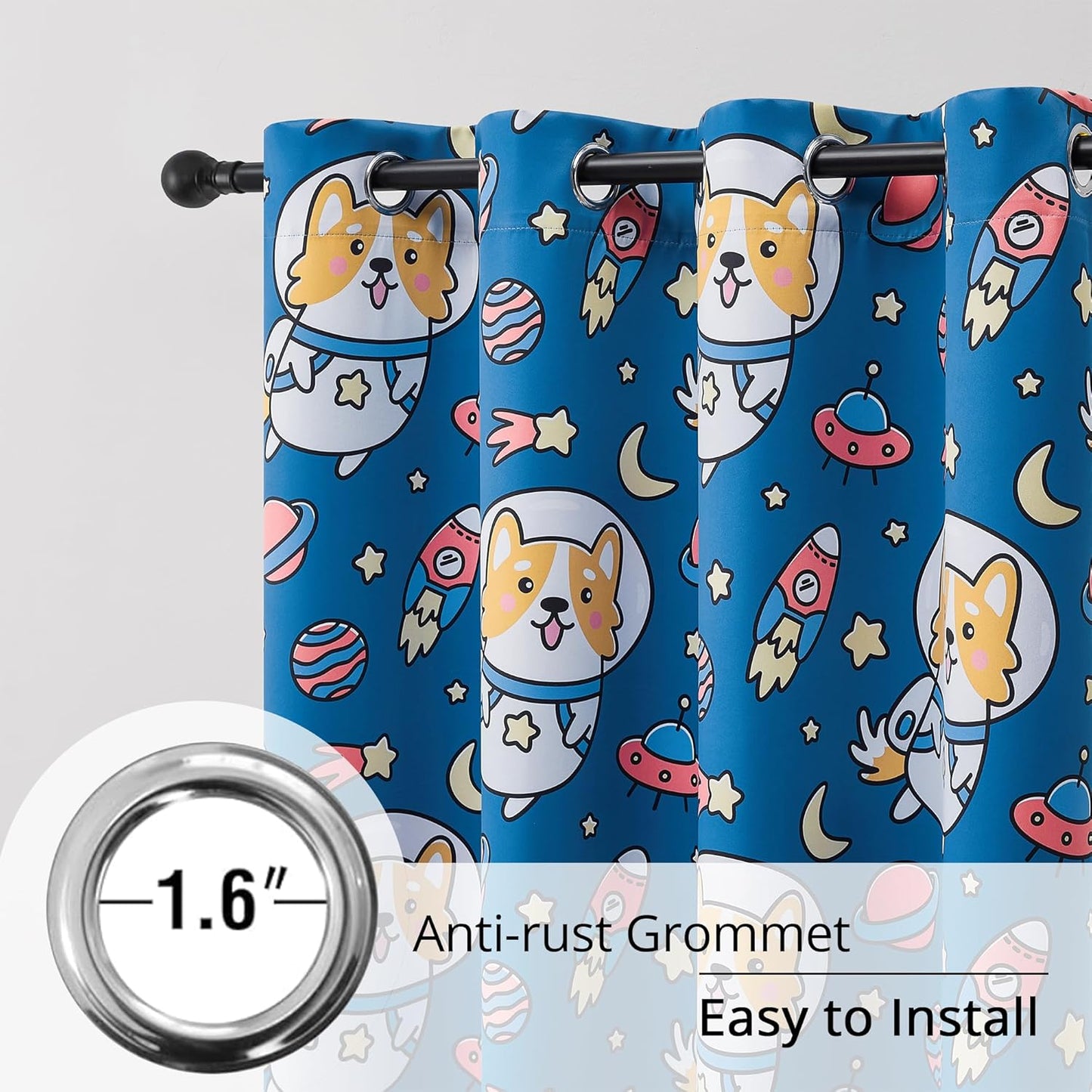 Kids Blackout Curtains - Space Dog Design, 100% Blackout, 2 Panels, Each W52×63, Thermal Insulated, Noise Reducing & Energy Efficient for Kids Bedroom, Turn your child’s room into a fun adventure