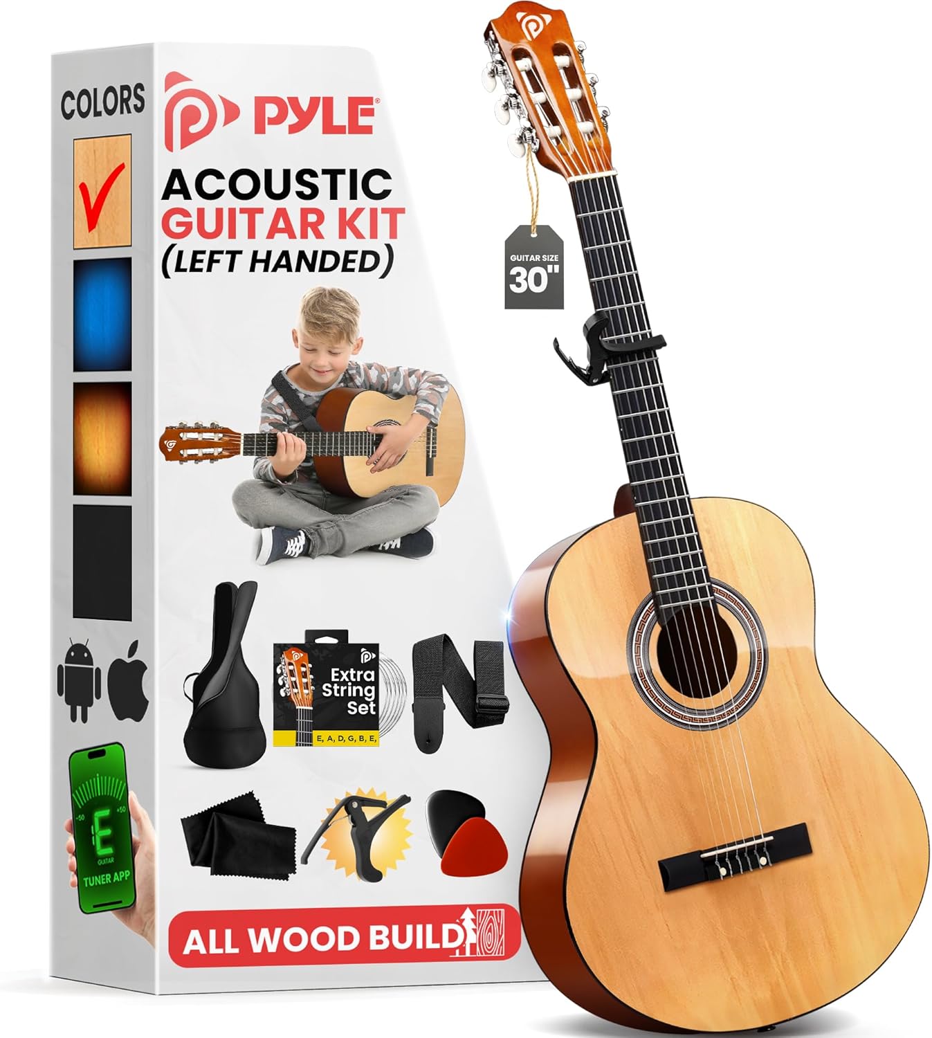 Pyle Left Handed Beginner Acoustic Guitar Kit, 1/4 Junior Size All Wood Build Nylon Stringed Instrument with Capo, Strap, Extra String Set, Gig Bag, Guitars for Beginners Adults Youth, 30" Natural