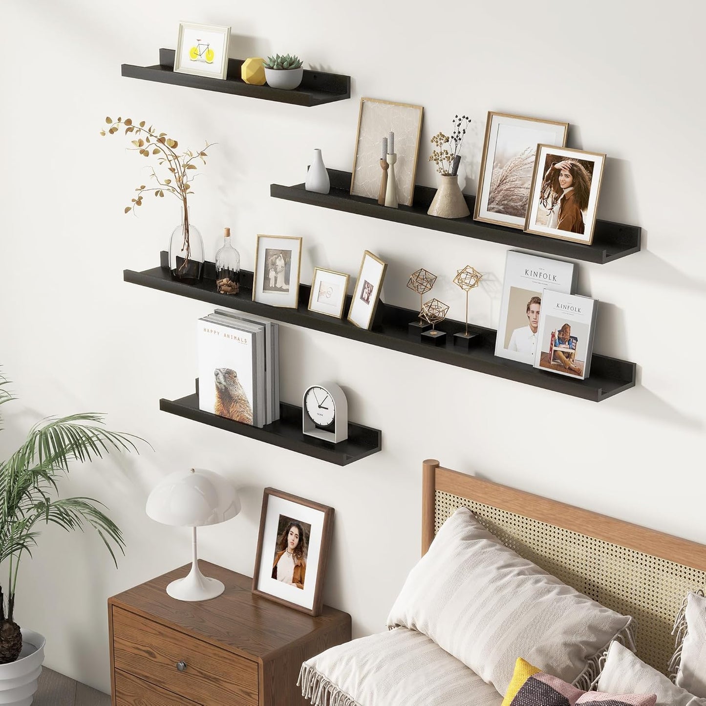 Picture Ledge Wall Shelves 48 inches Width Set of 3, Solid Pine Wood Rustic Floating Ledge Shelves for Wall for Kids' Room Bedroom Kitchen Bathroom Long Floating Shelves for Wall Decor, Black