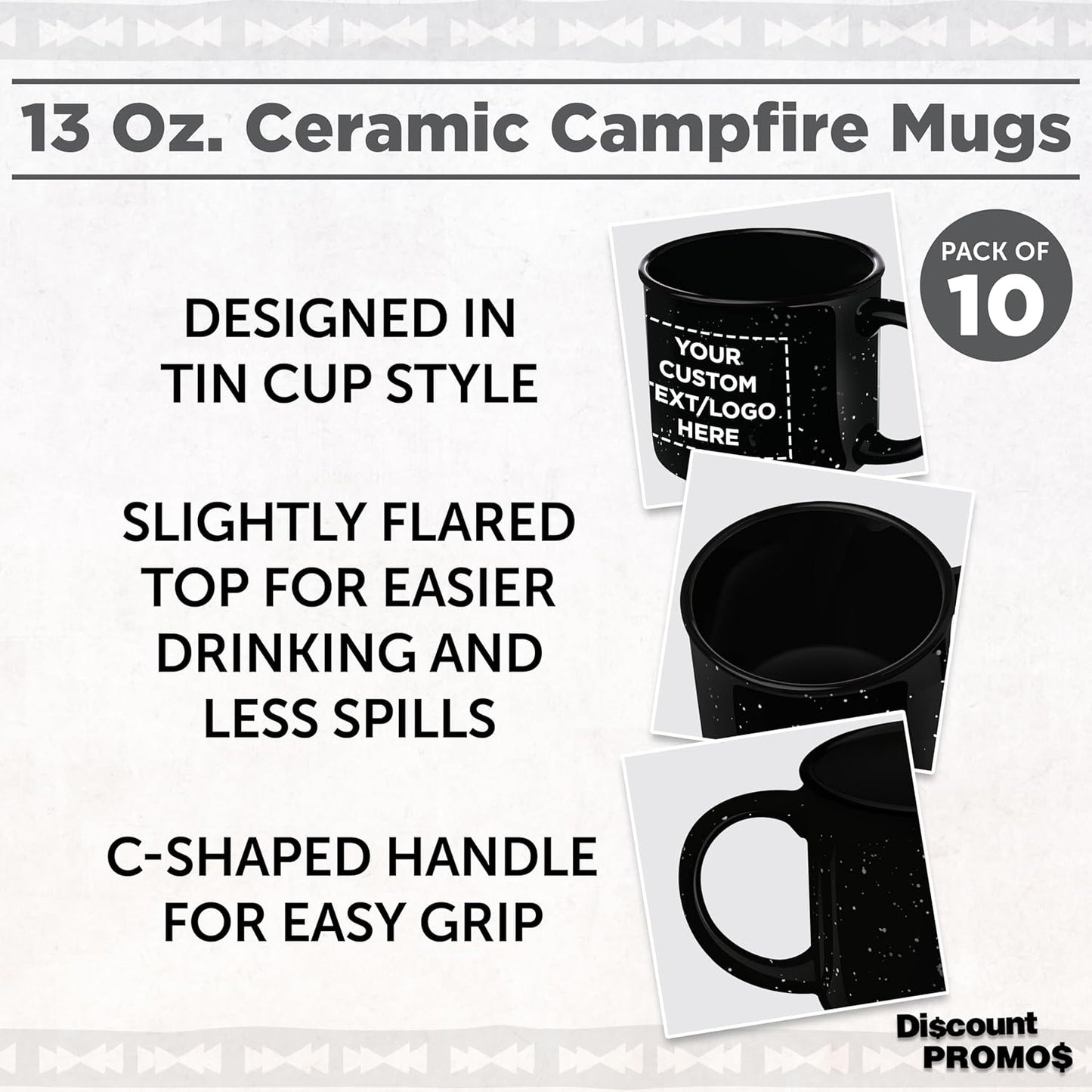 DISCOUNT PROMOS Custom Ceramic Campfire Coffee Mugs 13 oz. Set of 10, Personalized Bulk Pack - Perfect for Tea, Espresso, Cappuccino, Hot Cocoa - Black