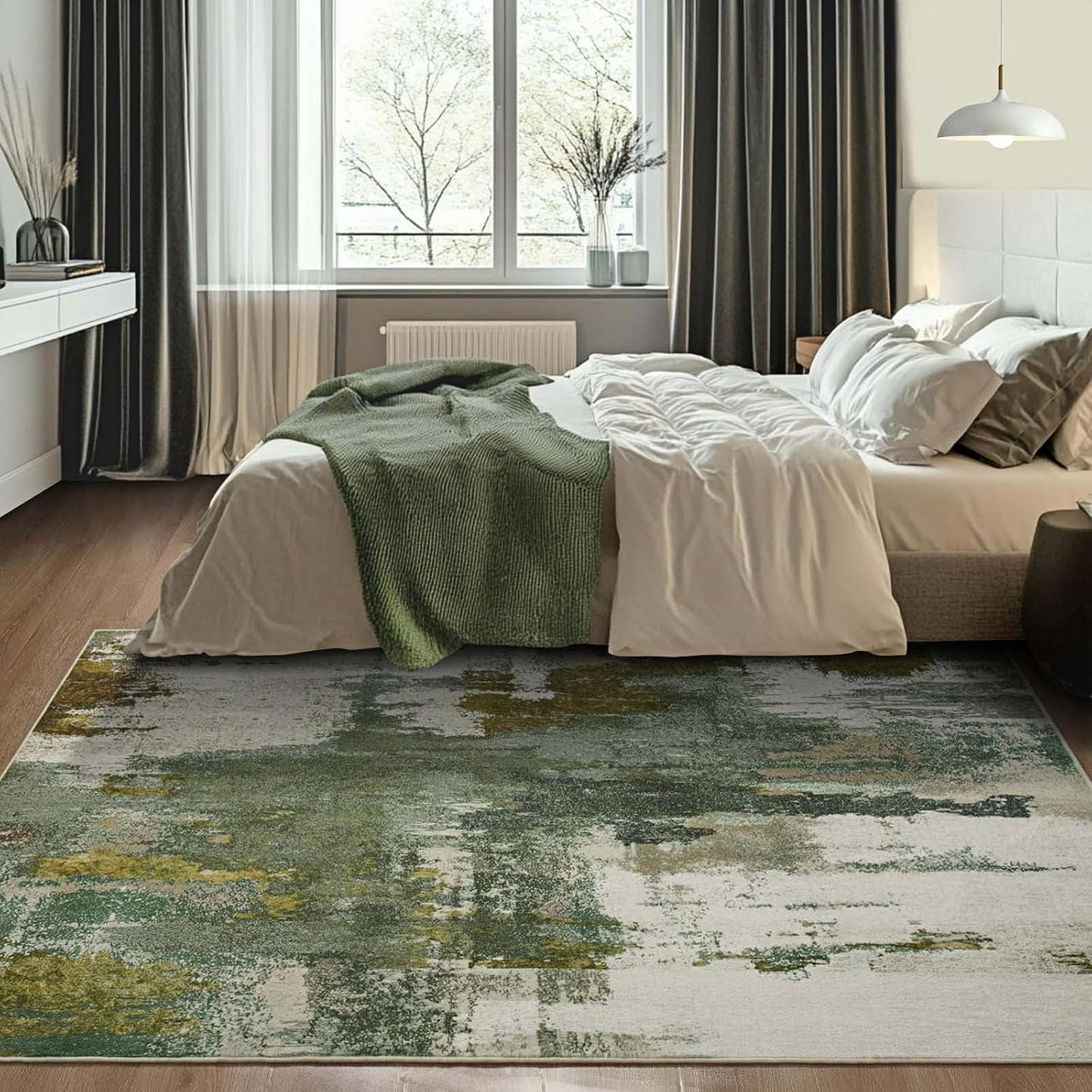 Kelarea Living Room Rug, 4x6 Rug Modern Abstract Washable Rugs Green Faux Wool Vintage Carpets, Non Slip Rugs for Bedroom, Dining Room, College Dorm, Kids Playroom, Home Office