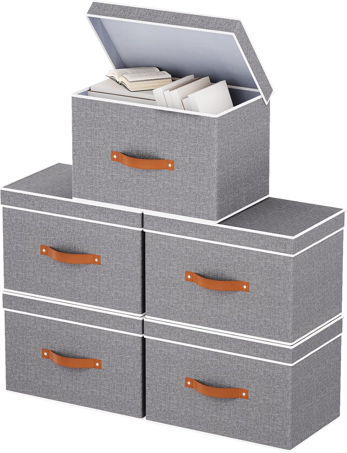 Collapsible Storage Bins with Lids, 5 Pack Linen Foldable Cloth Baskets, 15 x 9.8 x 9.8 Inch Closet Organizer Containers with Double Handles, Sweater Boxes for Bedroom, Grey