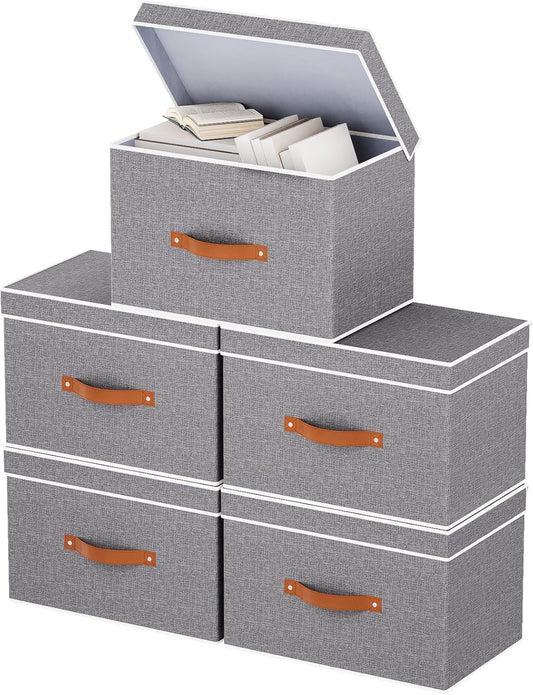 Fabric Storage Bins with Lids, Linen Foldable Clothes Boxes, Closet Organizer Containers with Double Handles, Baskets for Bedroom, Grey, 5 Pack, 13 x 9.1 x 7.9 Inch