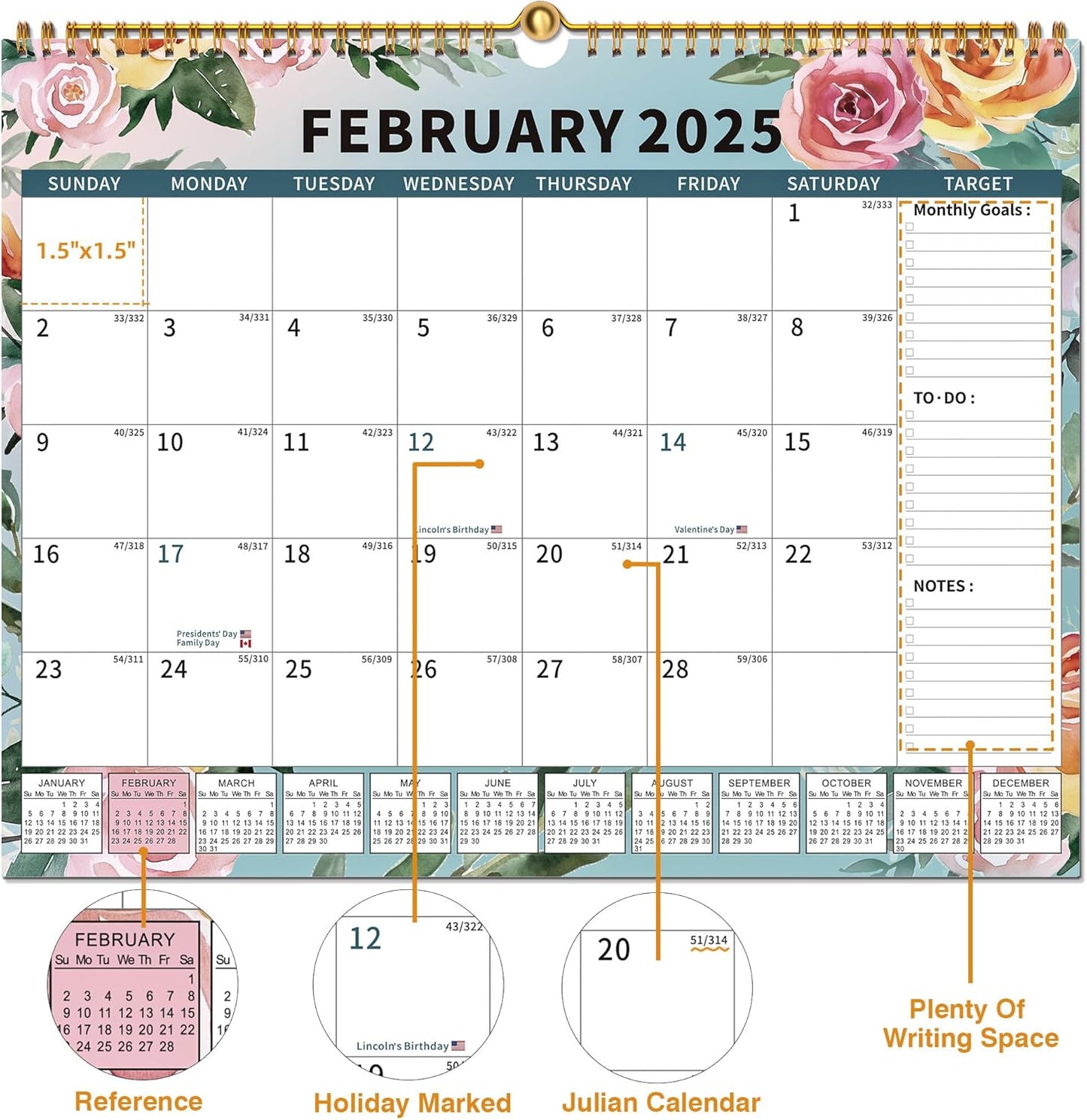2025 Calendar, Wall Calendar 2025-2026 Planner Hanging Spiral Bound Magnetic Fridge Calendars 15" x 12", Use Jan 2025 - Jun 2026