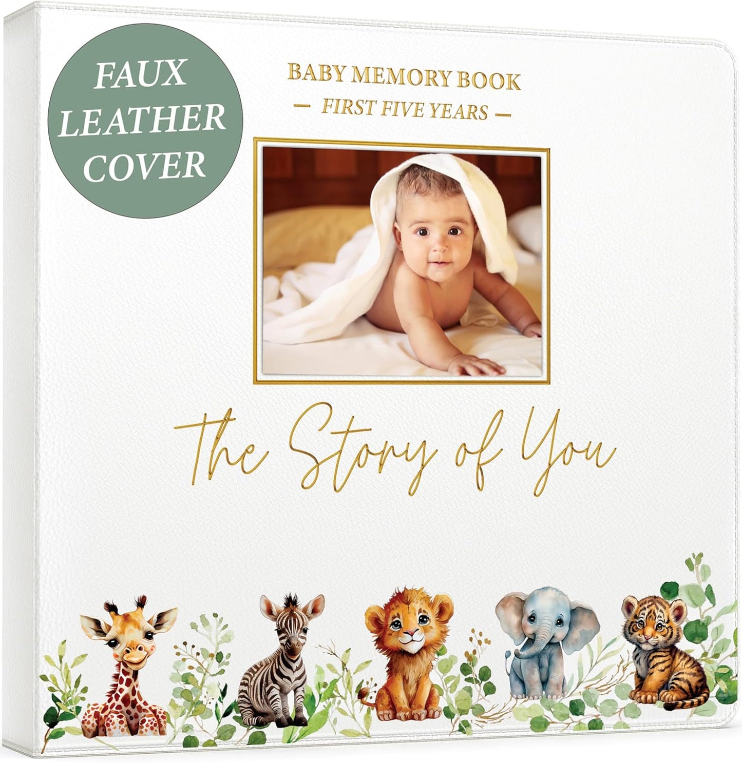 Baby Book Keepsake - Timeless Baby Memory Book for Boy or Girl I First 5 Year I Faux Leather, Gender Neutral, Safari Theme w/Gold Foil Stamp - Baby First Year Book Journal Scrapbook Photo Album Shower