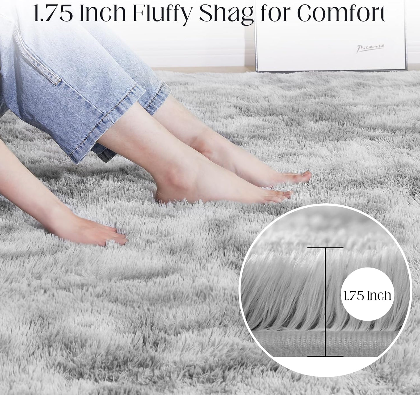 8x10 Area Rugs for Living Room, Ultra Soft Fluffy Rugs for Bedroom, Anti-Skid High Pile Indoor Carpet for Nursery, Study Room, Playroom, Home Decoration, Tie-Dyed Light Grey