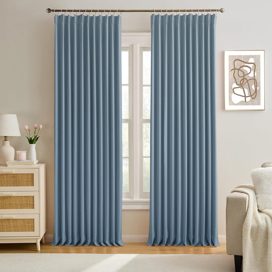KEQIAOSUOCAI Pinch Pleated Blackout Curtain Drapes for Window 95" L - Triple Weave Energy Saving Thermal Room Divider Blackout Panels for Patio (72" Wide per Panel, 2 Panels, Dusty Blue)