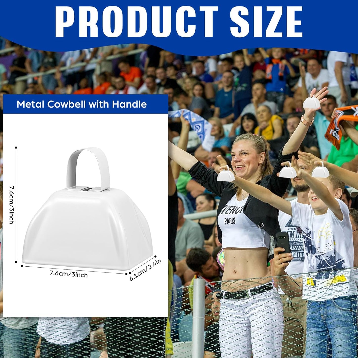 6 Pcs 3 Inch Metal Cowbells Noise Maker Hand Percussion Cow Bells with Handles for Sporting Events Cheering Noisemakers Weddings Team Spirit Sports Party Favors (White)