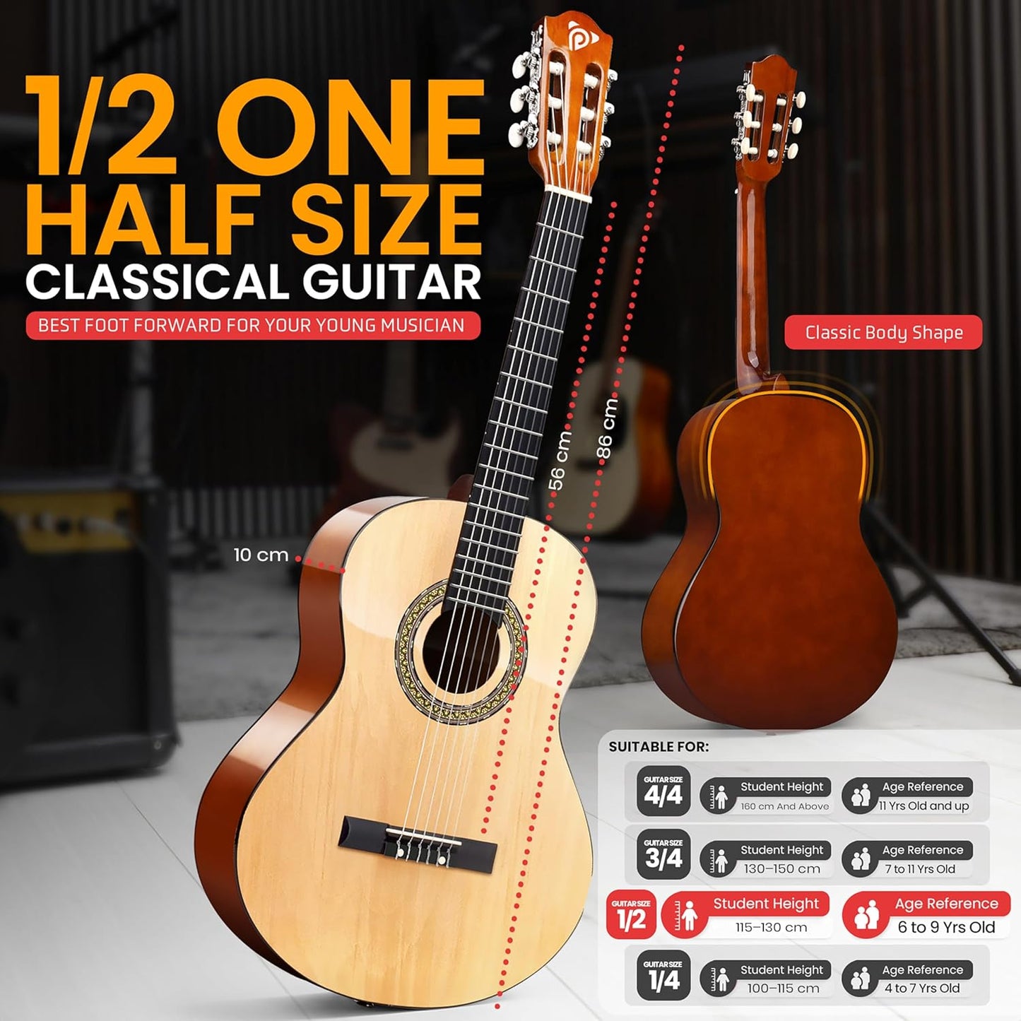 Pyle Beginner Acoustic Guitar Kit, 1/2 Junior Size All Wood Instrument for Kids, Adults, 34" Natural Ash