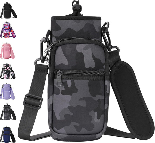 32 40 oz Water Bottle Carrier with Strap, Neoprene Water Bottle Sleeve Bag with 2 Pockets Insulated Flask Sling Holder for Walking Hiking Gym