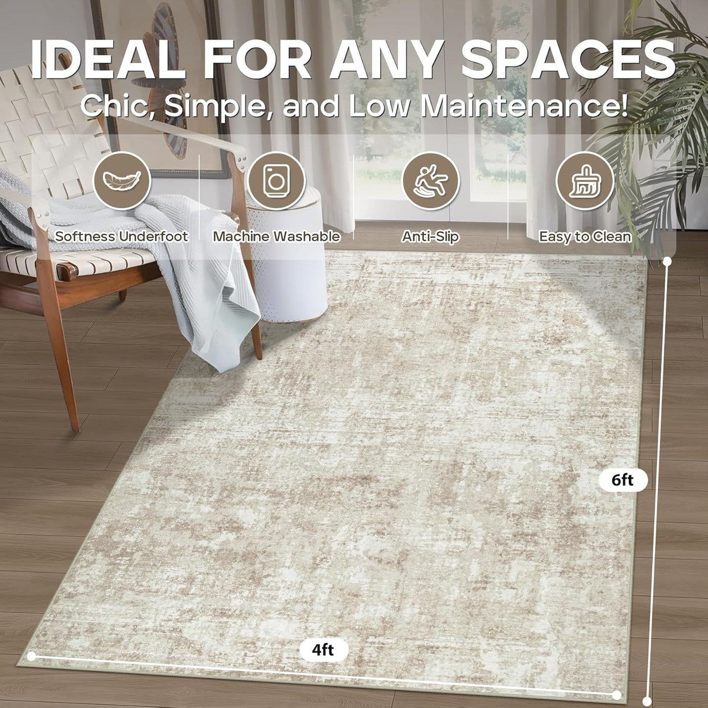 4x6 Area Rugs for Living Room Rug Washable: Modern Large Rug for Dining Room Bedroom Carpet Non Slip Low Pile 4 by 6 Indoor Abstract Nursery Home Office Beige