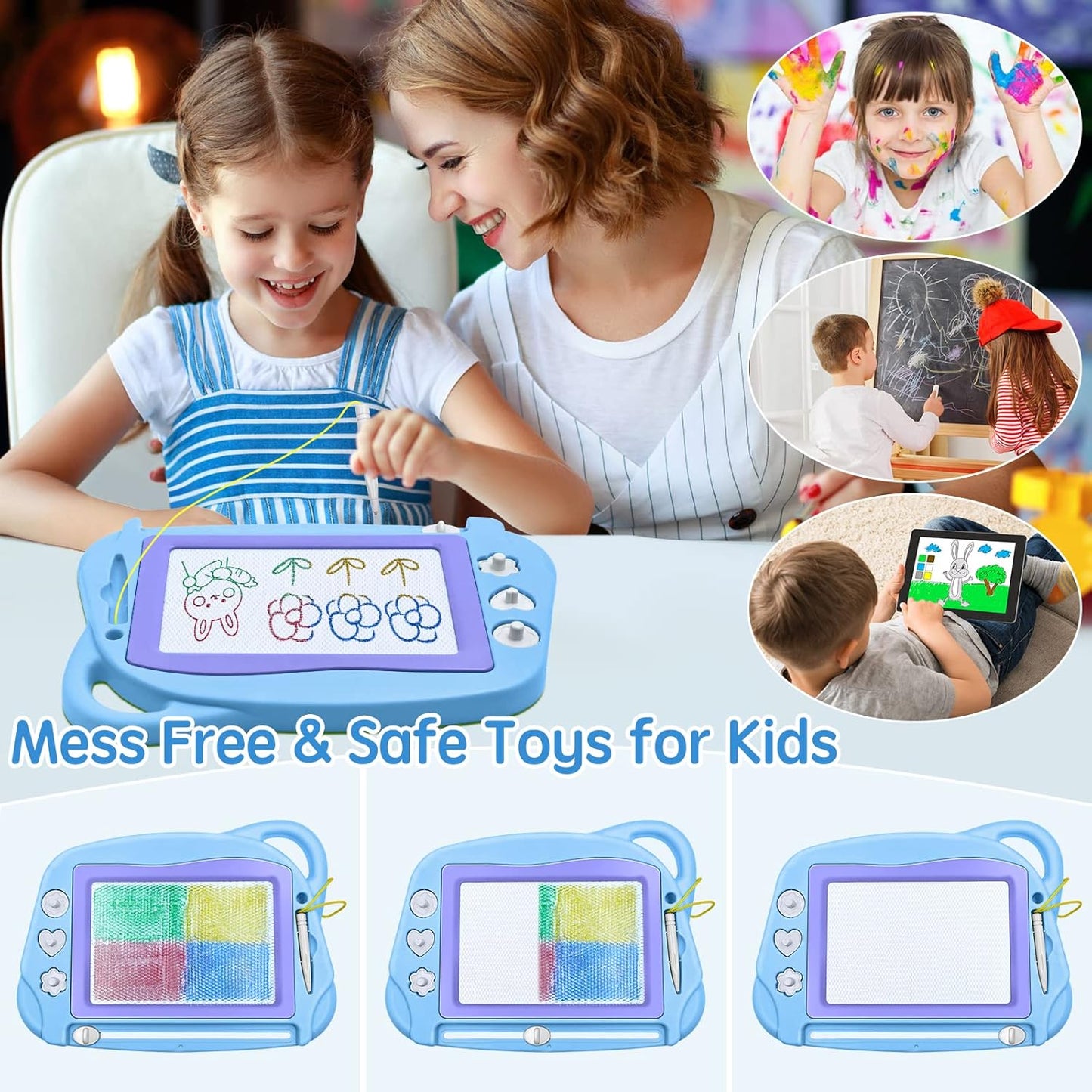 AiTuiTui Magnetic Drawing Board Mini Travel Doodle, Erasable Writing Sketch Colorful Pad Area Educational Learning Toy for Kid/Toddlers/Babies with 3 Stamps and 1 Pen (Sky Blue)