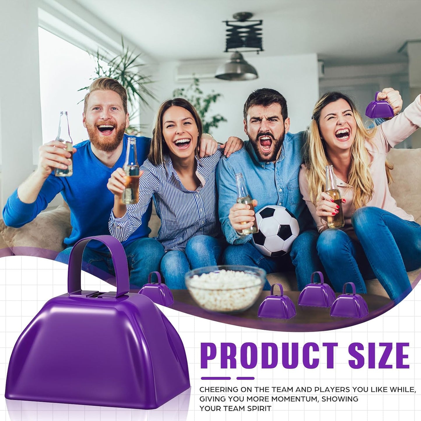 6 Pcs 3 Inch Metal Cowbells Noise Maker Hand Percussion Cow Bells with Handles for Sporting Events Cheering Noisemakers Weddings Team Spirit Sports Party Favors (Purple)