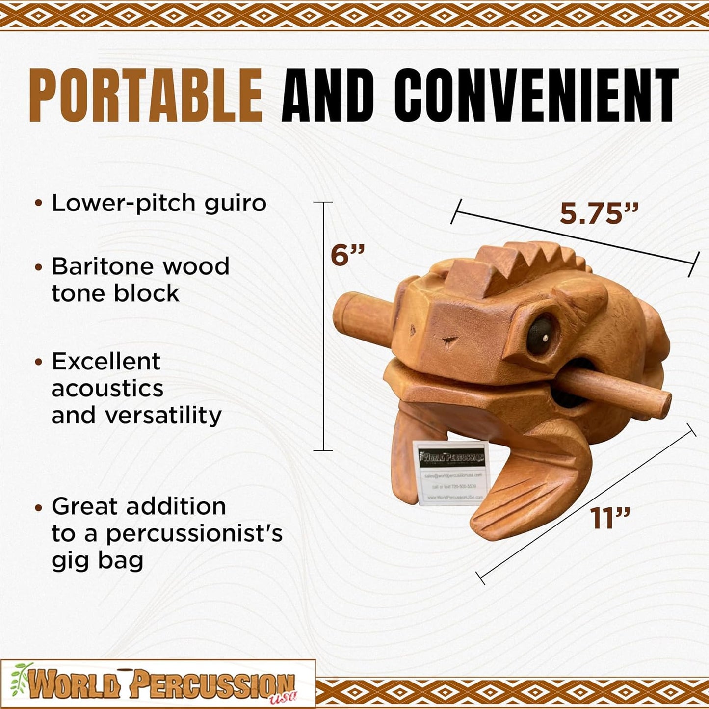 Deluxe Jumbo 11" Wood Frog Guiro Rasp - Percussion Musical Instrument Tone Block - Wooden Instrument with Stick, Frog Noise Maker by World Percussion USA