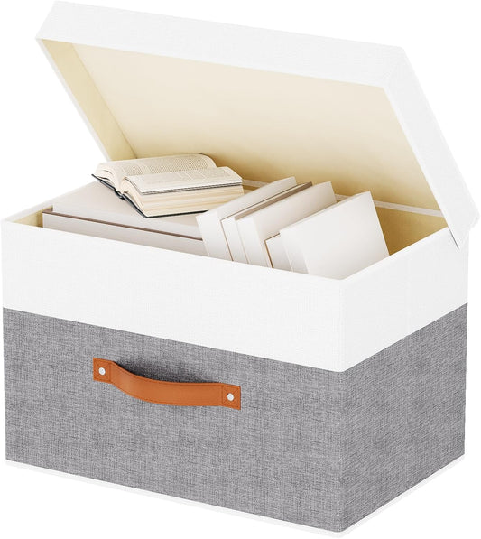 Fabric Storage Bins with Lids, 1 Pack Linen Foldable Cloth Baskets, 15 x 9.8 x 9.8 Inch Closet Organizer Containers with Double Handles, Sweater Boxes for Bedroom, White and Grey