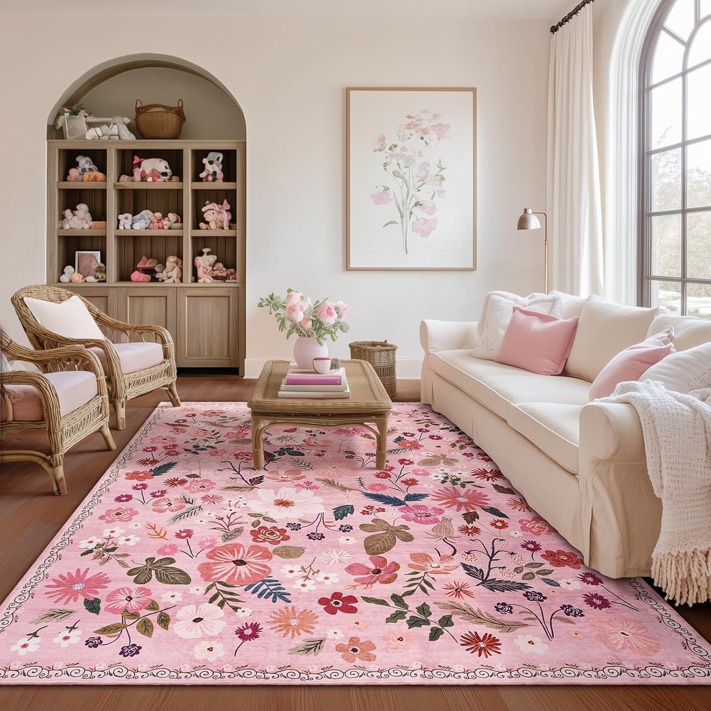 9X12 Rose Pink Rugs for Girls Bedroom Washable Floral Boho Aesthetic Carpet Rug Stain Resistant French Country Vintage Larege Area Rug for Living Room Dining Room College Dorm Kids Playroom Nursery