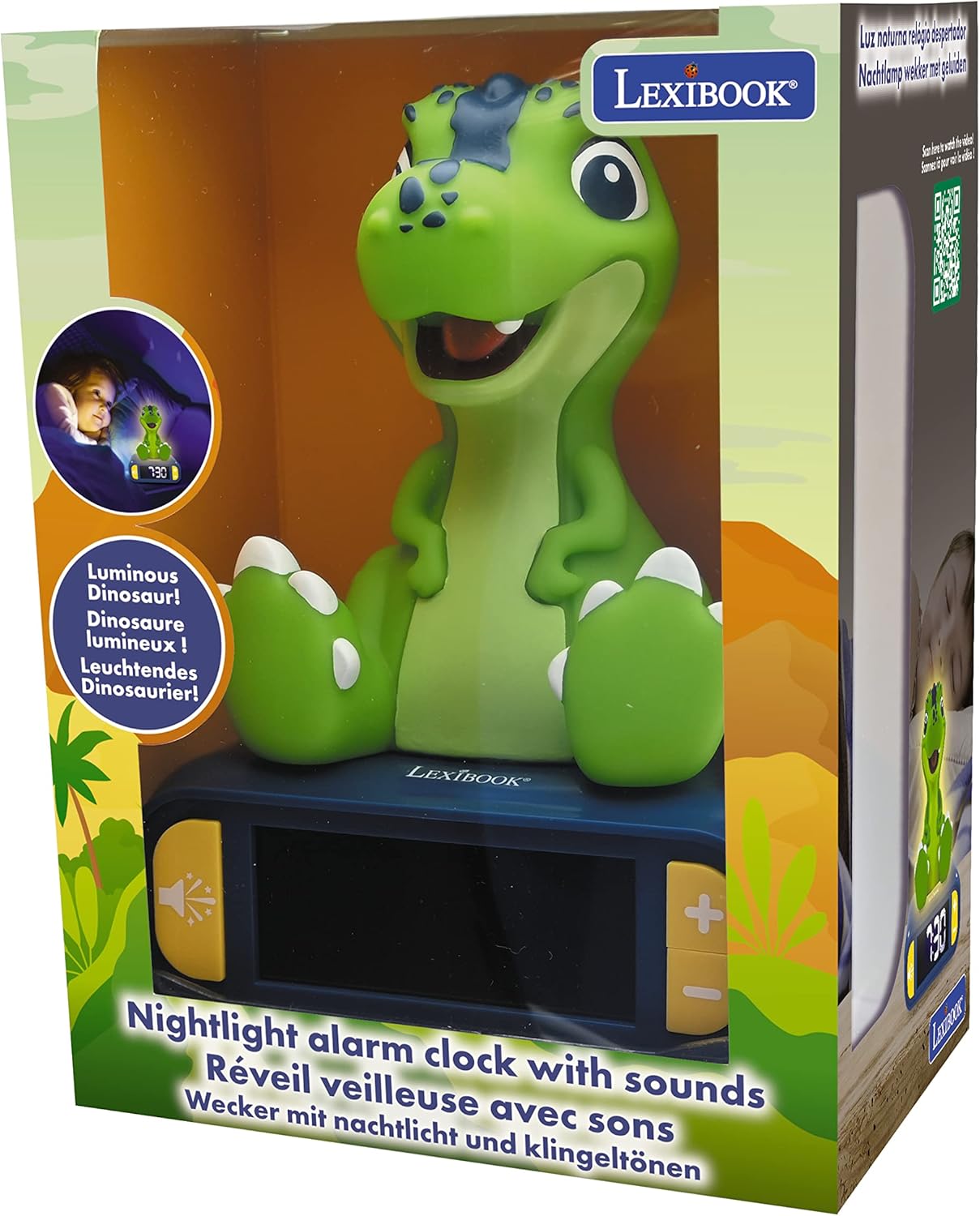 LEXiBOOK - Dinosaur Nightlight Alarm Clock, Clock, Alarm Clock for Boys and Girls, Snooze, Blue/Green - RL800DINO