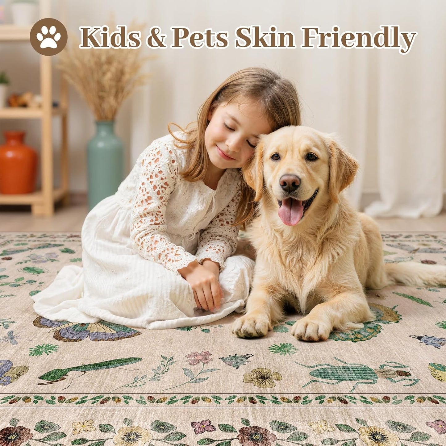 8x10 Area Rugs with Insect Print - Bug Rug Non-Shedding Stain Resistant Soft Carpet for Bedroom, Low Pile Ultra-Thin Machine Washable Carpet for Dining Room, Kids Nursery, Office (8'x10' Beige)