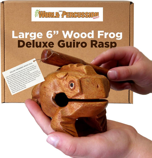 Deluxe Large 6" Wood Frog Guiro Rasp - Musical Instrument Tone Block - Wooden Frog with Stick, Noise Maker by World Percussion USA