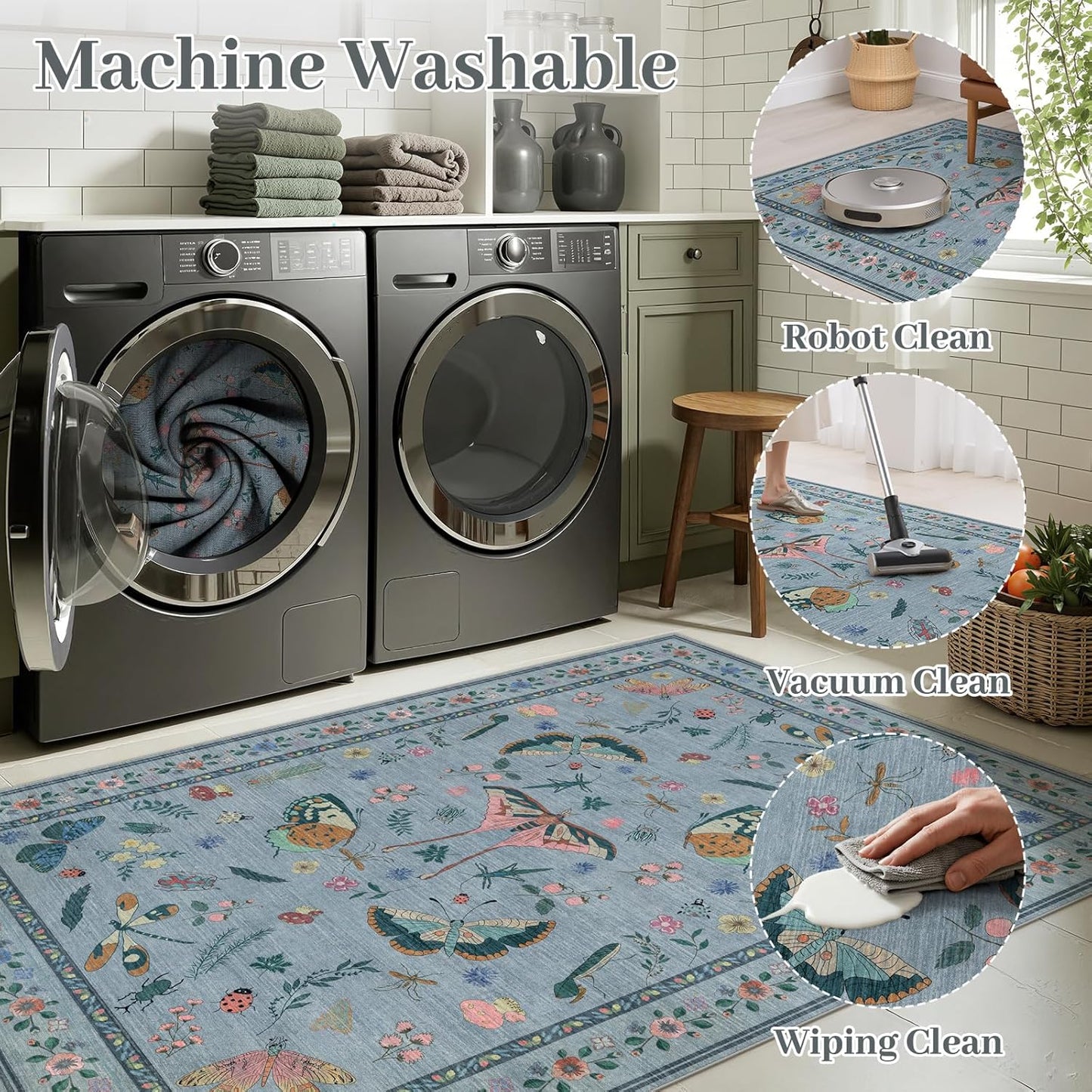 5x7 Washable Area Rug with Insect Print - Bug Rug Non-Shedding Stain Resistant Soft Carpet for Bedroom, Low Pile Ultra-Thin Machine Washable Carpet for Dining Room, Kids Nursery, Office (5'x7' Blue)