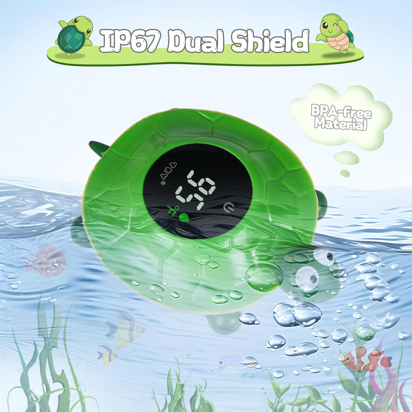 TKY Baby Bath Thermometer with LED Display-Rechargeable Water&Room Temperature Monitor, Floating Toy with Temp Alert, Waterproof for Newborns, Nurseries - Must Have Bath Essentials (Green Tortoise)