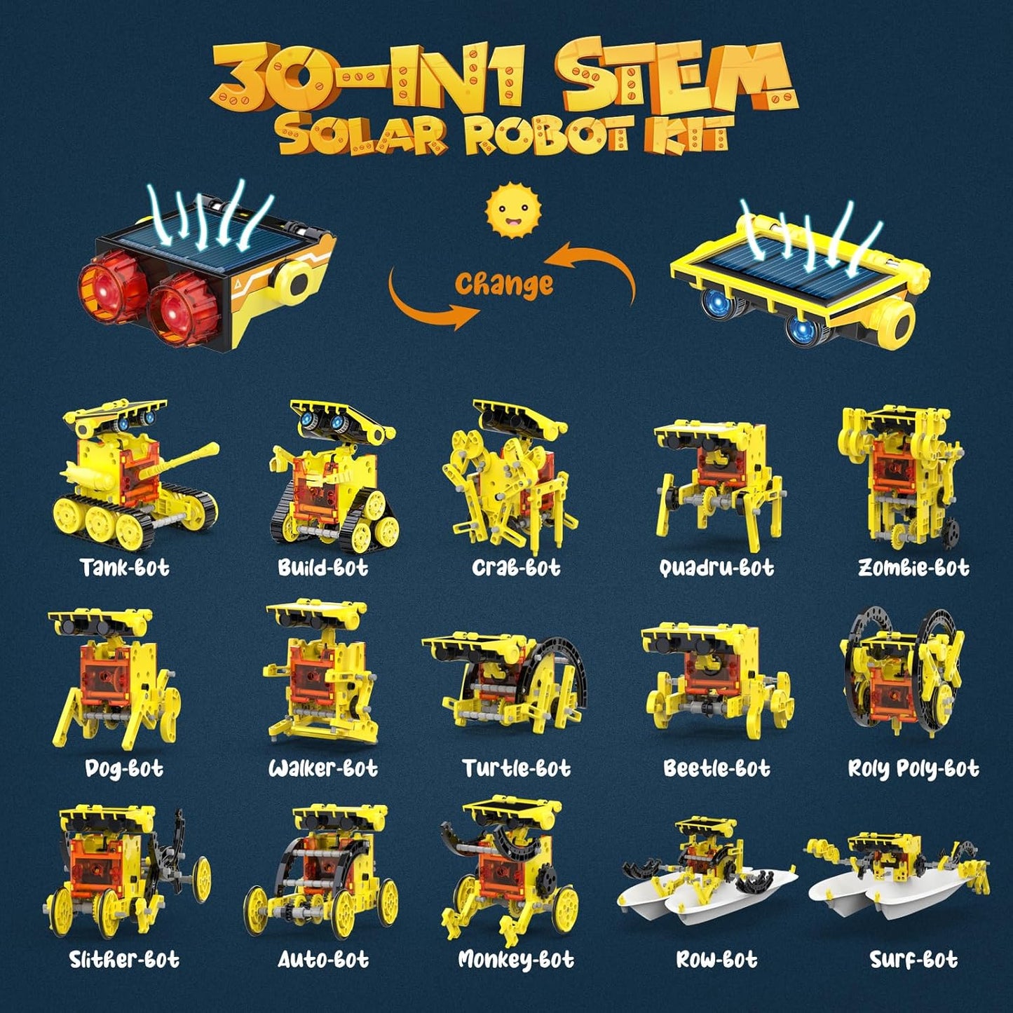 30-in-1 STEM Solar Robot Kit Toys, 243 Pieces Educational Building Science Experiment Kit for Kids Aged 8-12, Birthday Gifts Kids Aged 8 9 10 11 12 13 Years Old(Yellow)