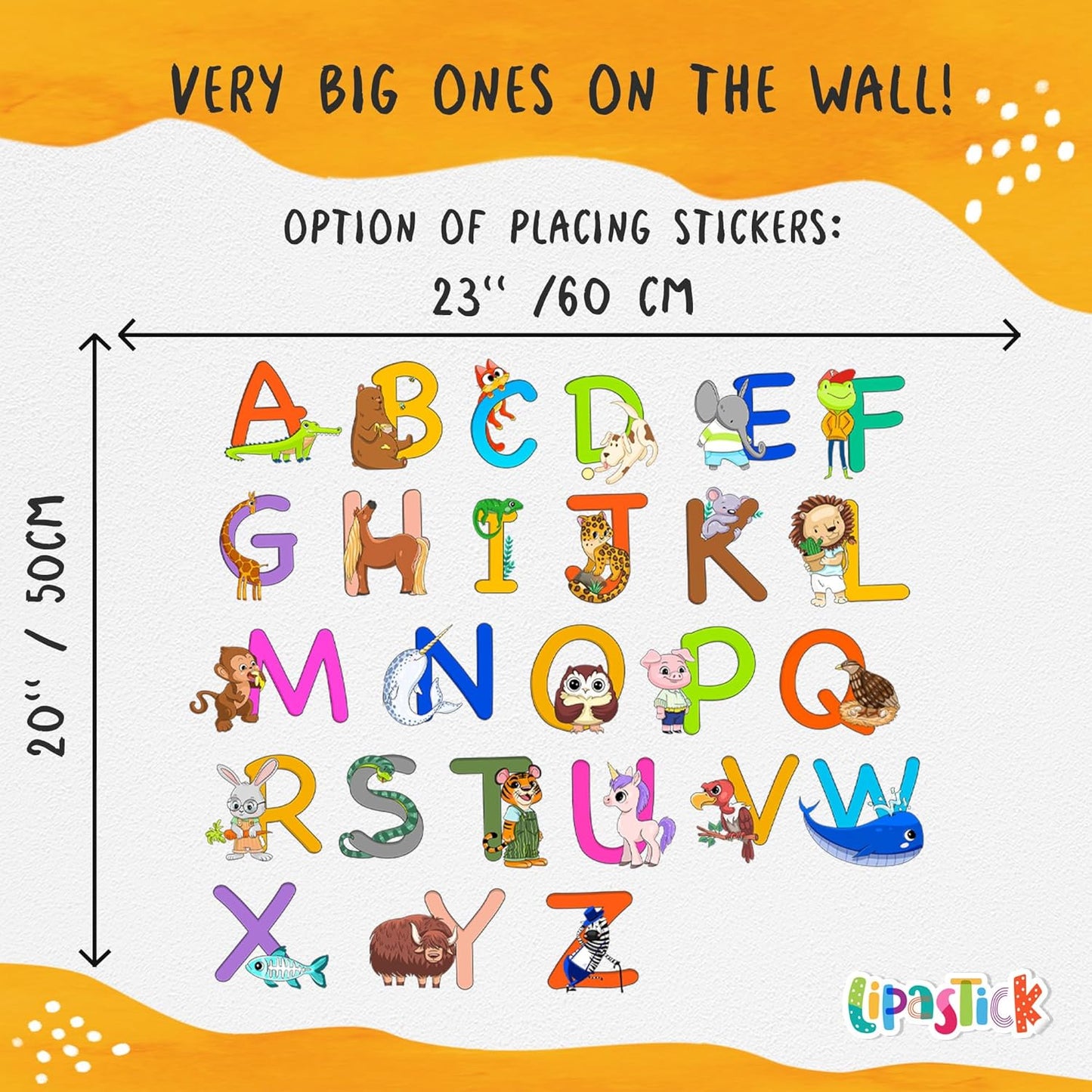 ABC Educational Wall Stickers for Kids - Animal Alphabet Wall Decals by Lipastick - Peel and Stick Letters for Boys and Girls Bedroom, Baby Room, Nursery Decor - Removable Wall Art