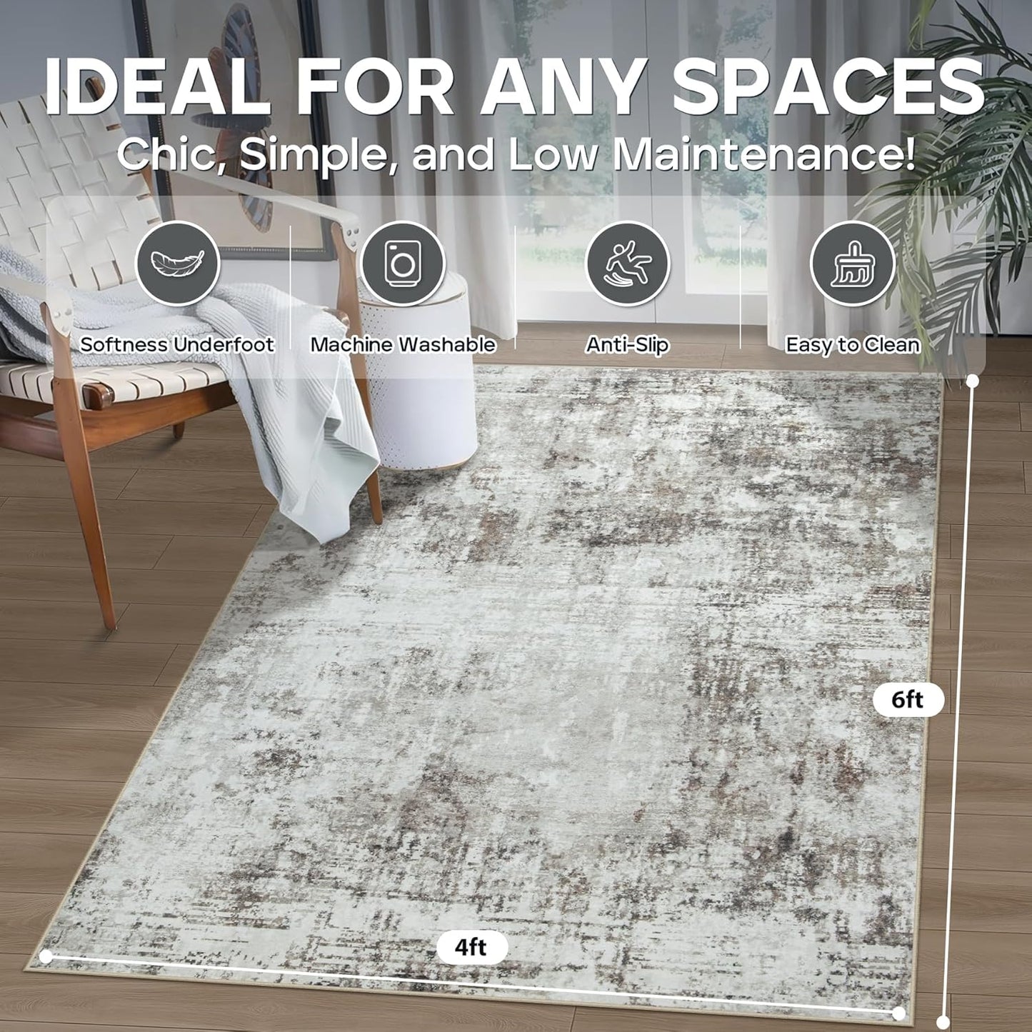 4x6 Area Rugs for Living Room Rug Washable: Modern Large Rug for Dining Room Bedroom Carpet Non Slip Low Pile 4 by 6 Indoor Abstract Nursery Home Office Brown Grey