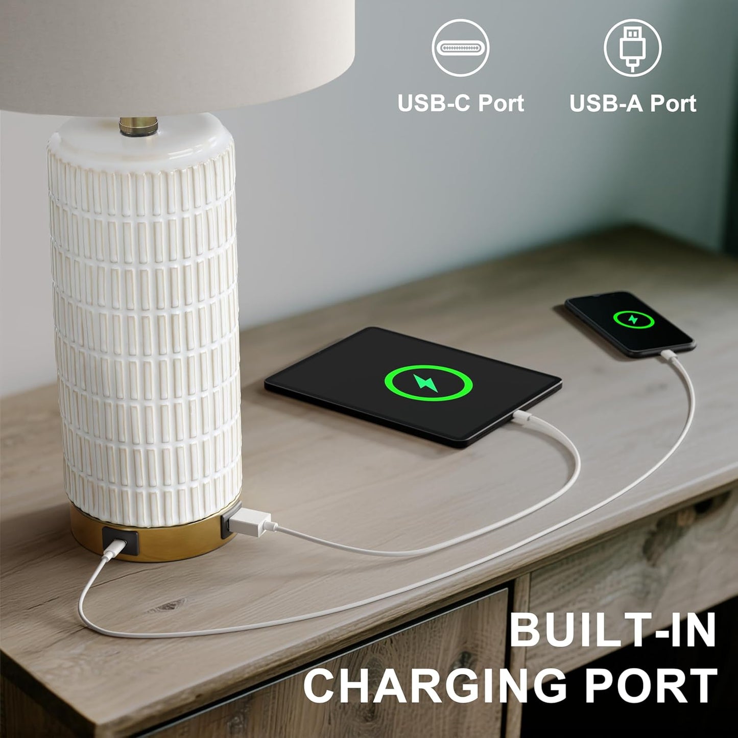 PoKat Touch Bedside Table Lamps with USB Ports for Bedroom, 25'' Dimmable Nightstand Touch Lamps for Living Room, Modern Ceramic Lamps for Night Stands Bedroom, Office, Nursery, White and Beige