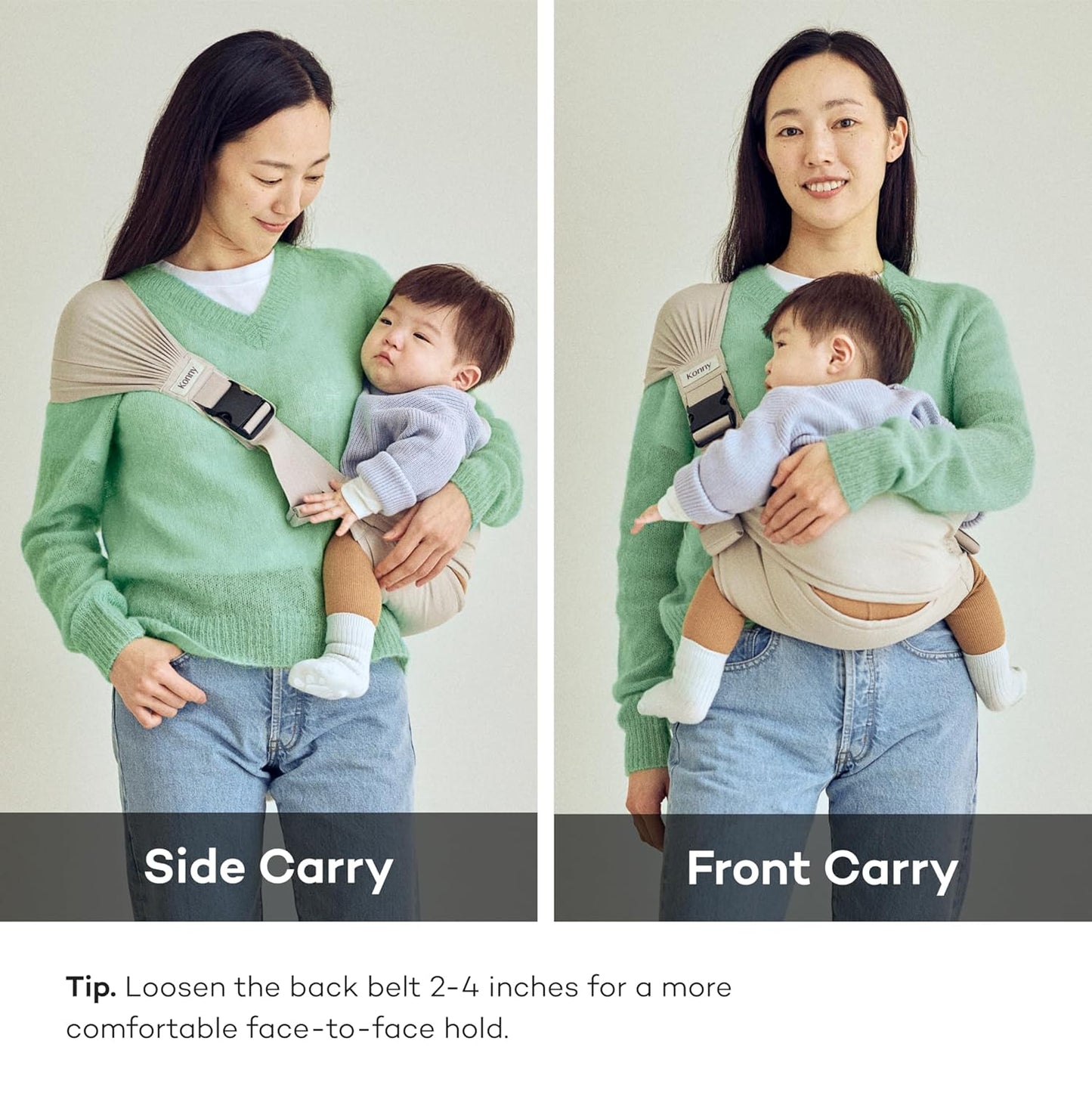 Konny Baby Carrier Hip Seat, Dual Support IHDI Certified with Two Safety Pads, Adjustable Wraps Sling Wearable One Size Fits All, Baby Essentials for 6 to 48 Months up to 44 lbs -Grey Beige
