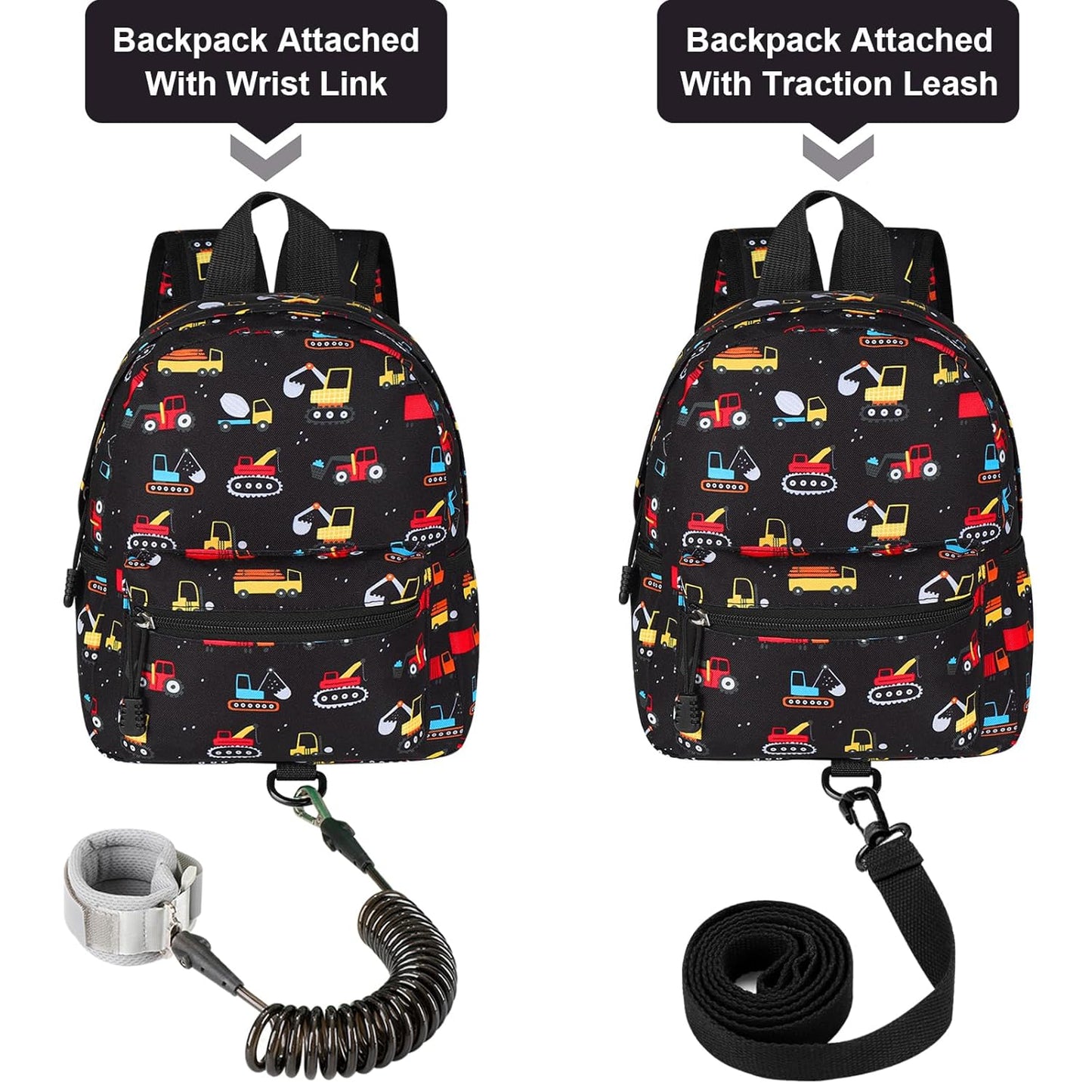 Accmor Toddler Backpack Harness with Leash, Cute Baby Backpacks with Anti Lost Wrist Link, Mini Kids Backpack Tether Walking Harness for Travel Outdoor, Black Excavator Backpack Tether for Boys Girls
