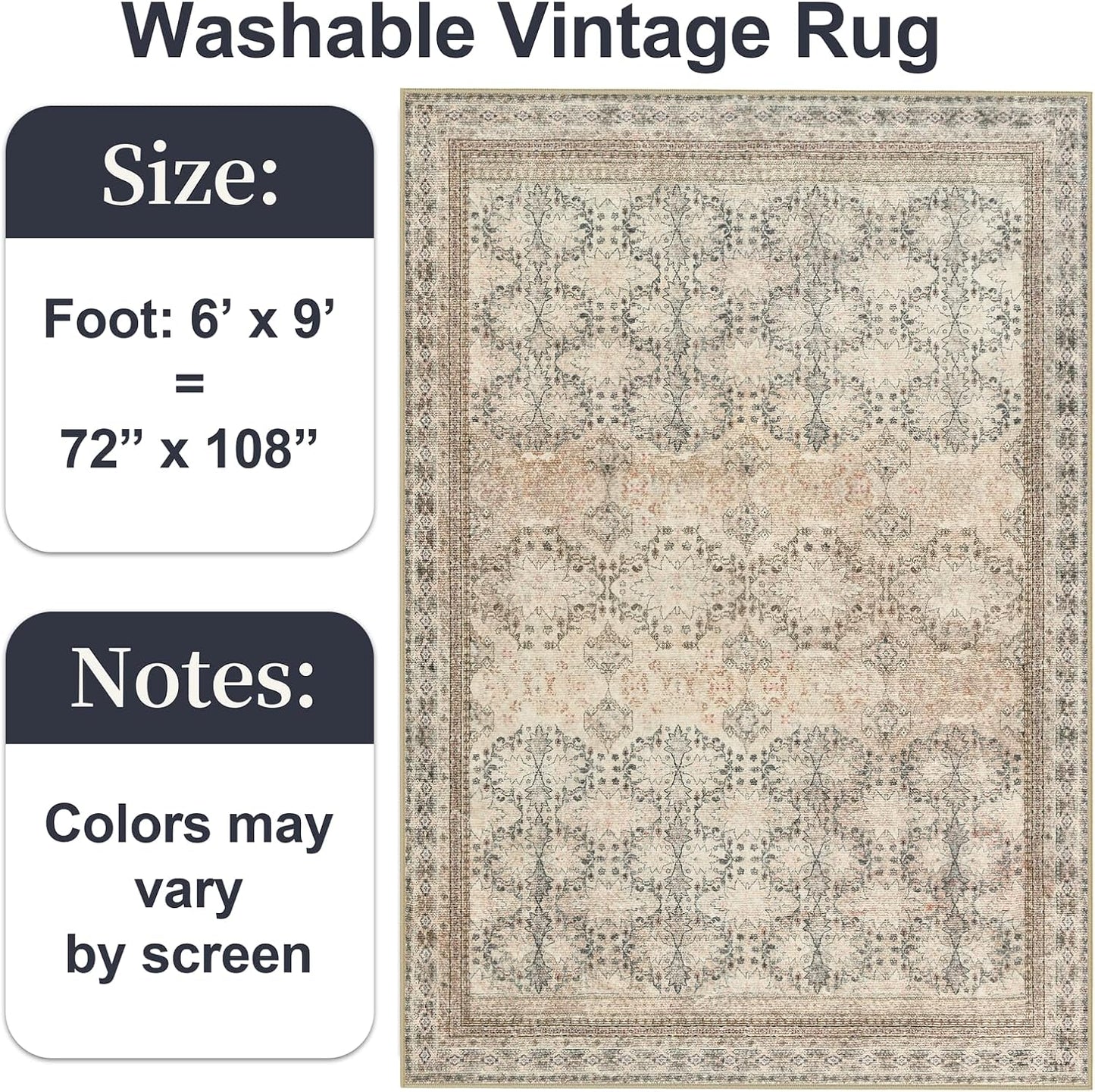 6x9 Washable Area Rug Non Slip, Thin Vintage Floral Living Room Rug Low Pile, Indoor Large Distressed Print Carpet for Bedroom, Dining Room, Farmhouse, Home Office, College Dorm Beige/Pink/Orange
