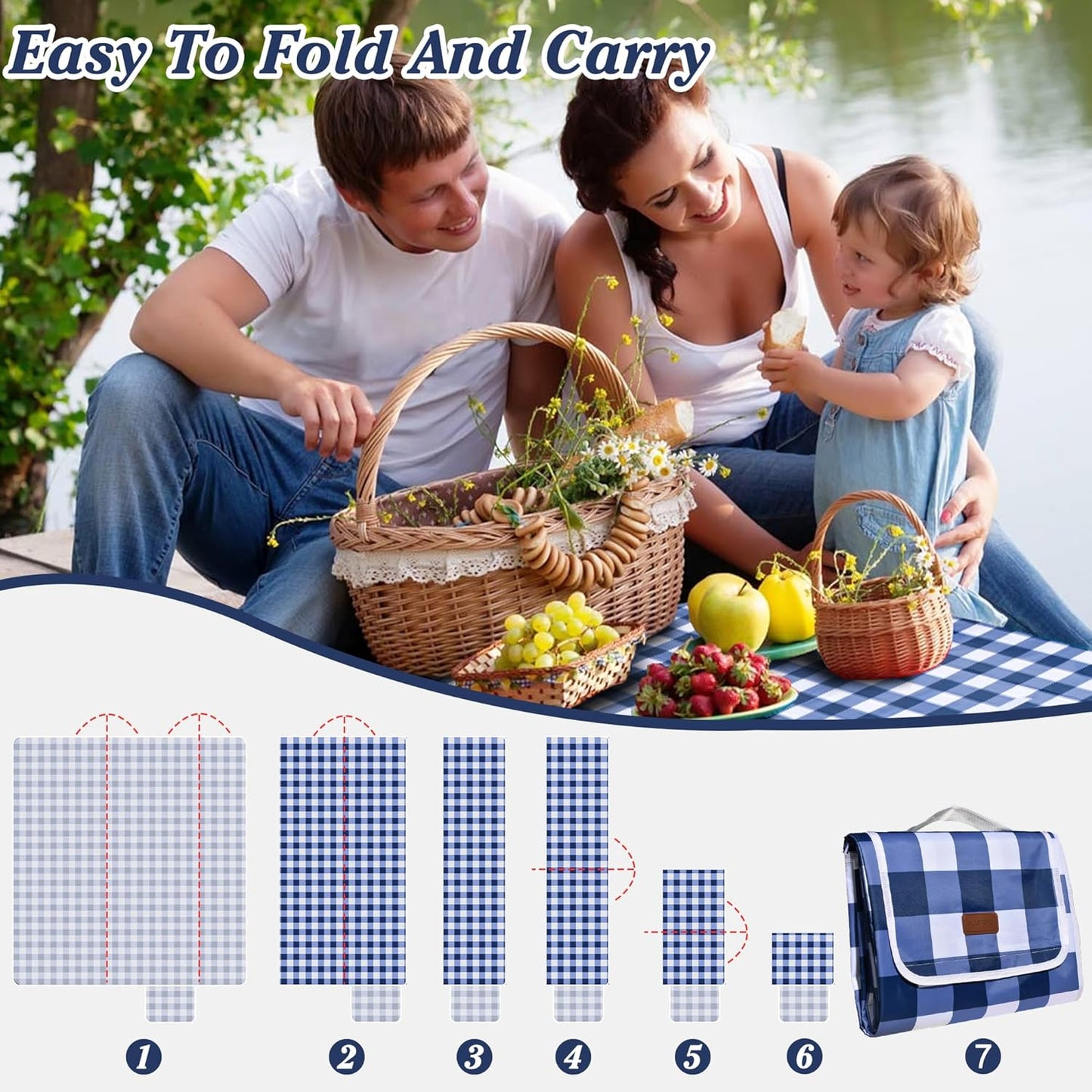 80"x60" Waterproof Sandproof Picnic Mat - Portable Foldable Outdoor Blanket for Beach, Park, Travel & Indoor Use - Lightweight Compact Design, Easy-Carry (Blue&White)