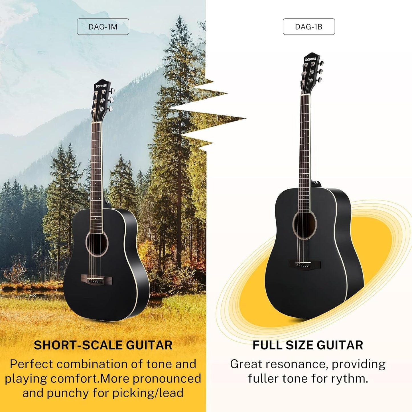 Donner Acoustic Guitar for Beginner Adult 36'' Dreadnought 3/4 Size Black Guitar Bundle Package Kit Travel, Spruce Wood With Gig Bag Capo Tuner Strap String Guitar Picks DAG-1MB/DAT-110D