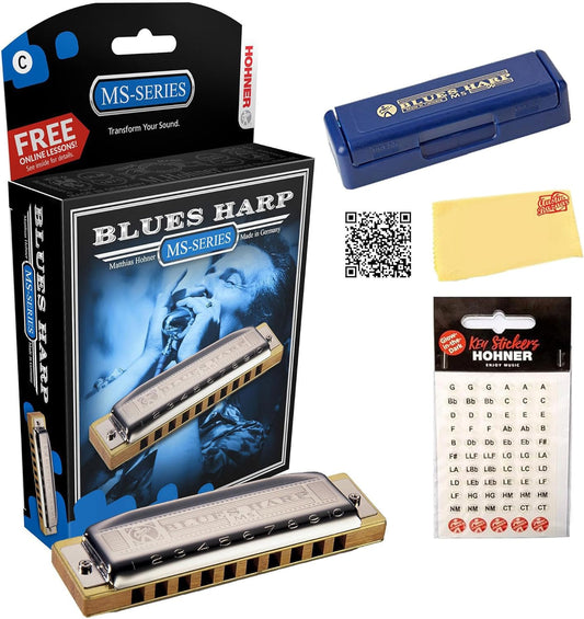 Hohner 532 Blues Harp MS Harmonica - Key of G Bundle with Case, Key Stickers, Harmonica Beginner Online Manual, and Austin Bazaar Polishing Cloth