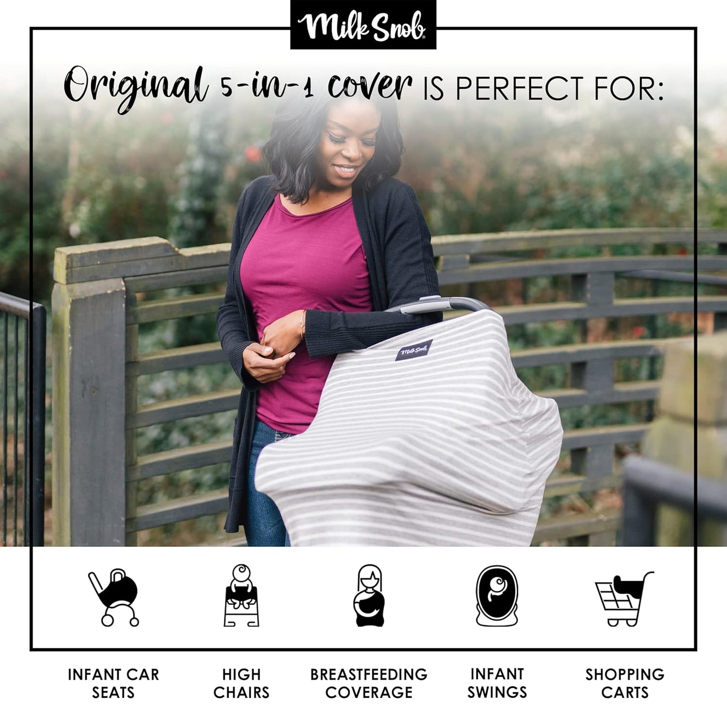 Milk Snob Original 5-in-1 Cover - Added Privacy for Breastfeeding, Baby Car Seat, Carrier, Stroller, High Chair, Shopping Cart, Lounger Canopy - Newborn Essentials, Nursing Top, Heather Gray Stripe