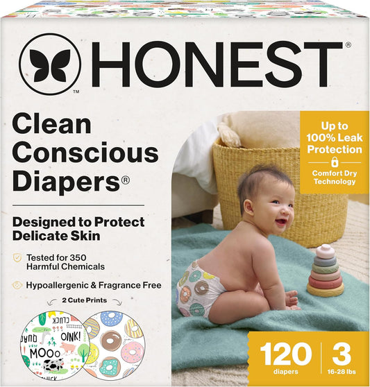 The Honest Company Clean Conscious Diapers for Delicate Skin | Up to 100% Leakproof | Hypoallergenic, Fragrance Free | Gender Neutral | Super Club Box, Size 3 (16-28 lbs), 120 Count (Prints May Vary)
