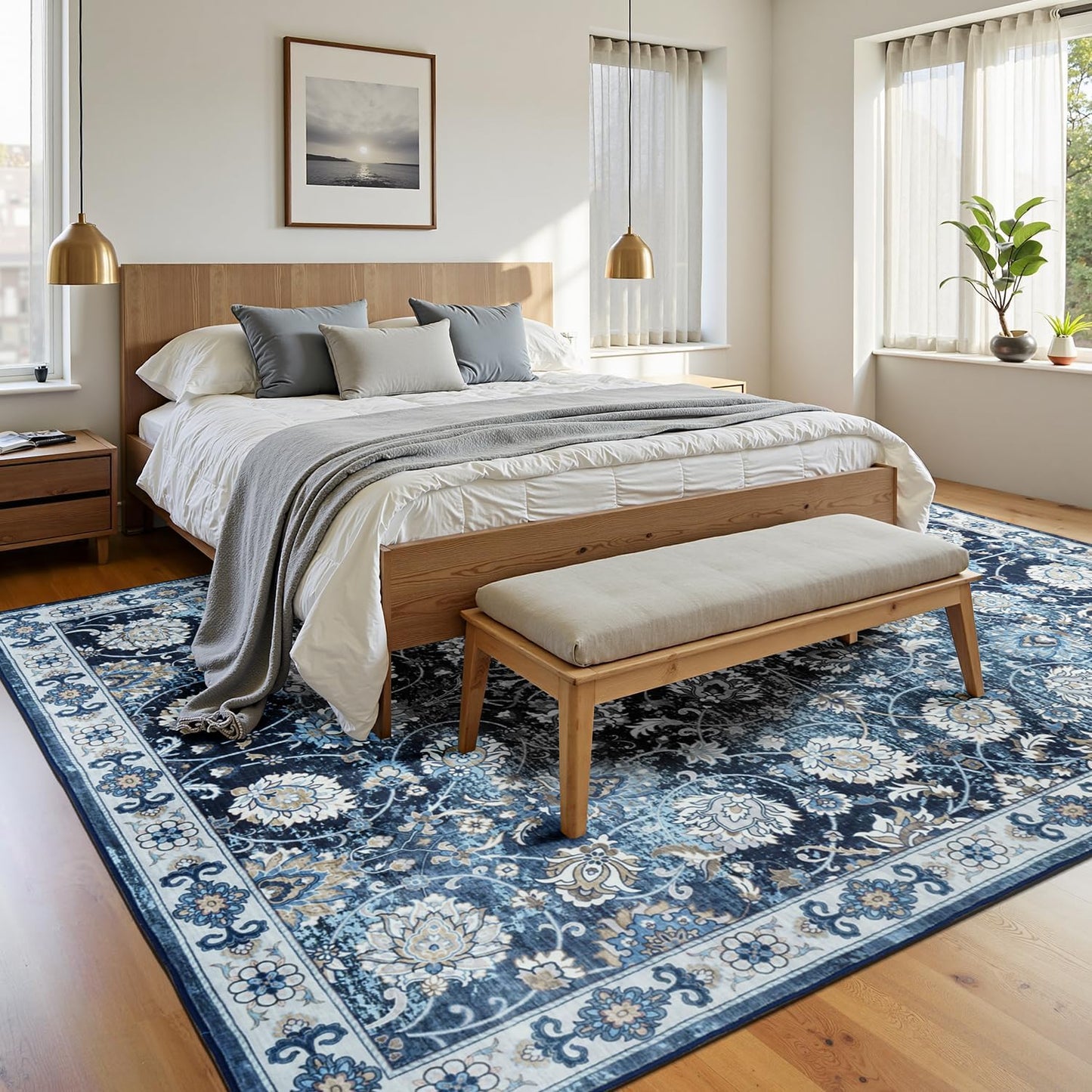 6x9 Area Rug for Living Room & Bedroom, Washable Non-Slip Vintage Rugs, Floral Soft Carpet, Low Pile Wool Carpets for Indoor Dining Home Office Playroom Under Table, Modern Decor, Blue Garden