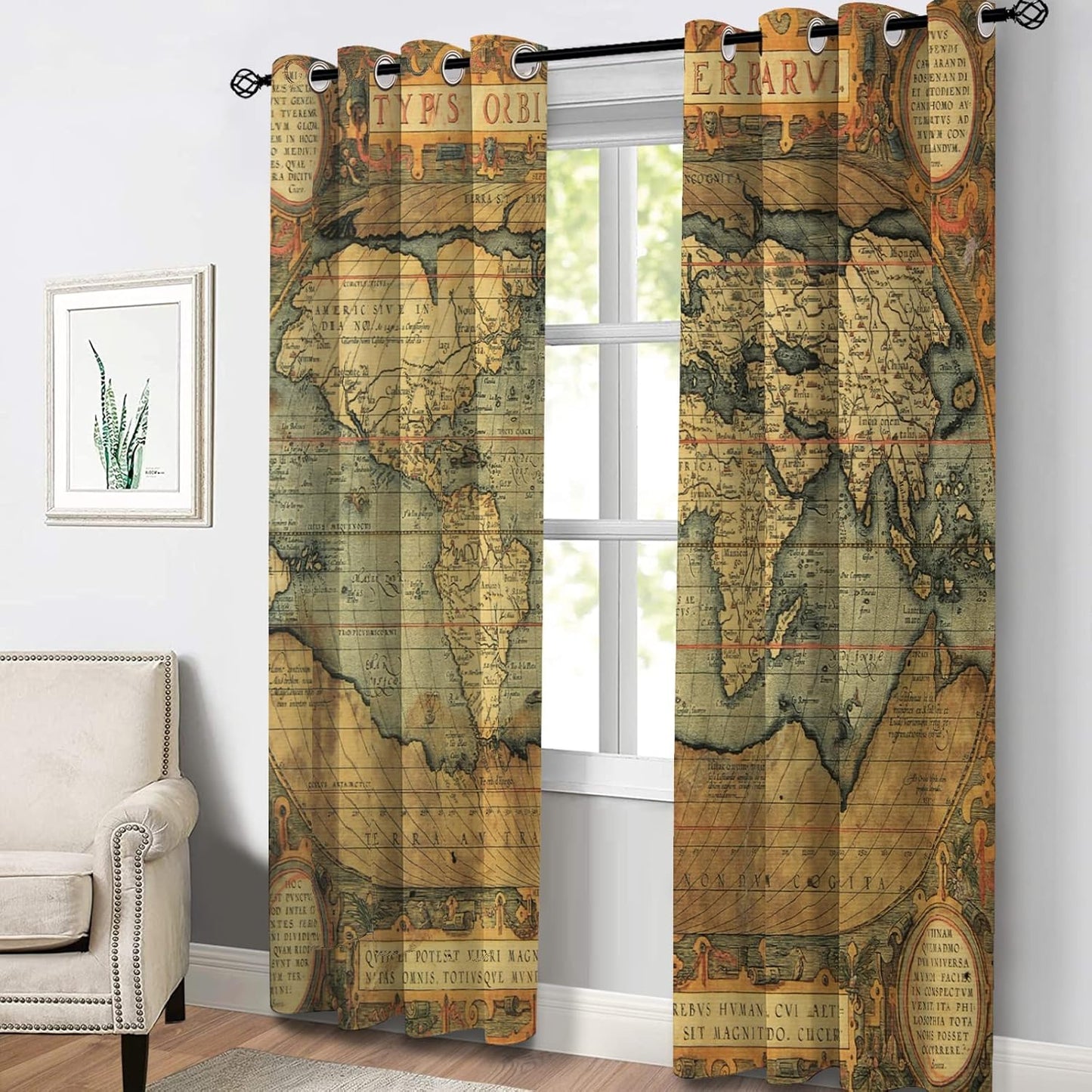 Aimego World Map Blackout Curtains Vintage Nostalgic Printing Design Old World Map Window Drapes Decor for Bedroom Living Room Grommet Top Room Darkening Curtains 2 Panel Set, 52"X84"