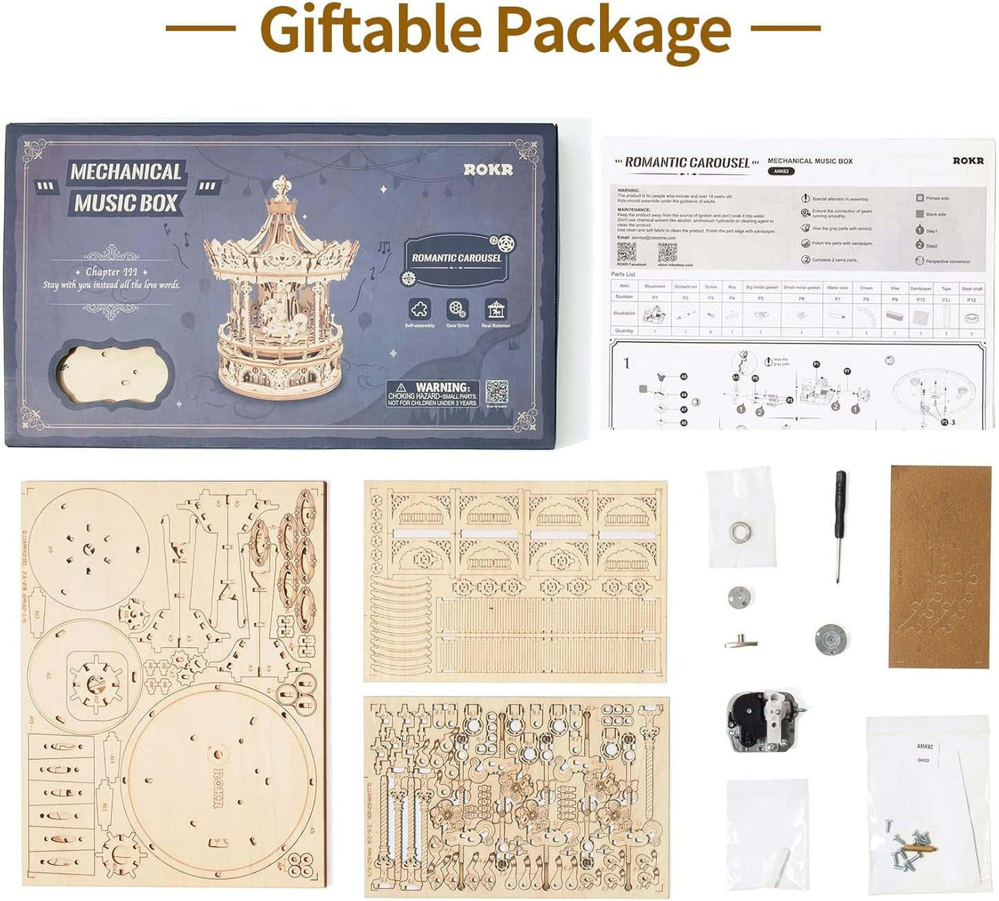 ROKR 3D Wooden Puzzles Music Box - DIY Model Building Kit Mechanical Merry-go-Round Exquisite Display Gifts for Teens Man/Woman Family