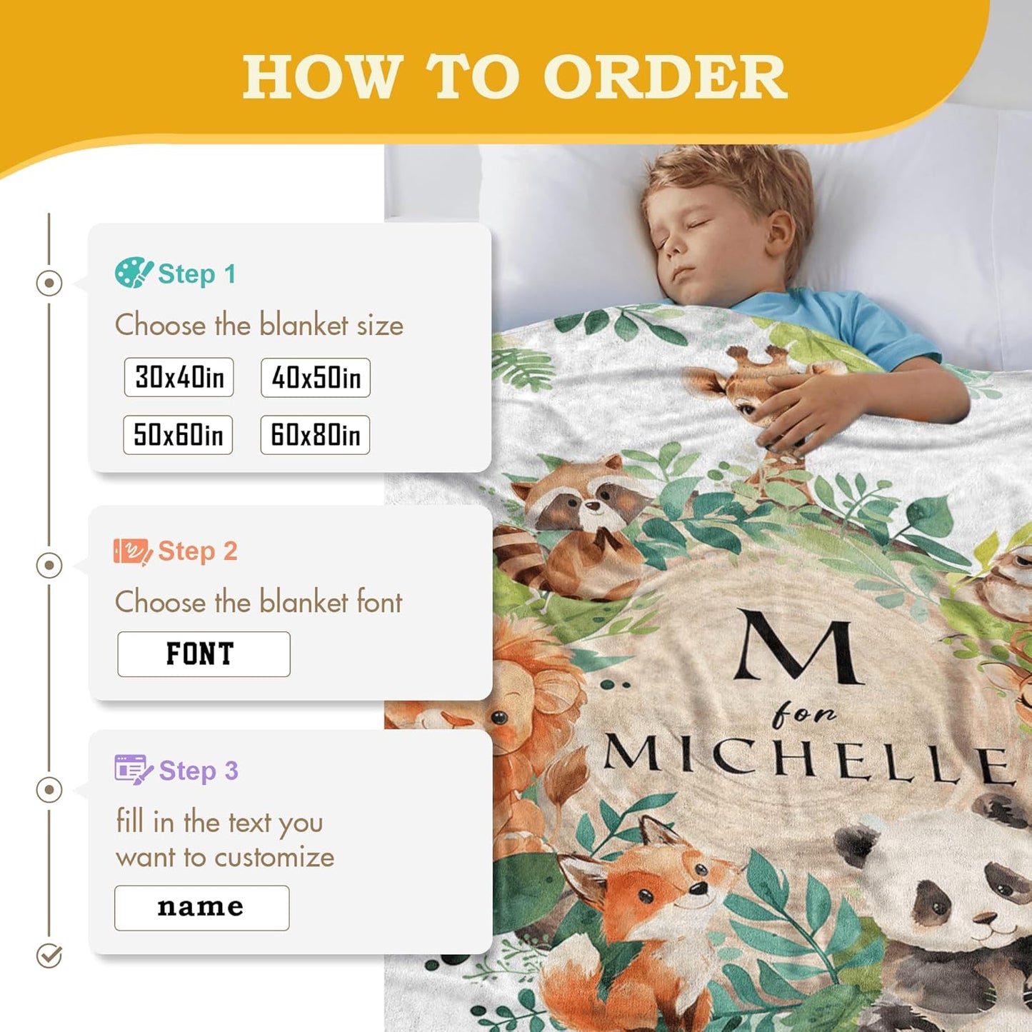 Jungle Safari Animals Greenery Monogram Baby Blanket, Personalized Custom Baby Throw Blanket with Name for Boys Newborn Son Daughter Grandson Granddaughter Toddler Birthday Bed Blanket